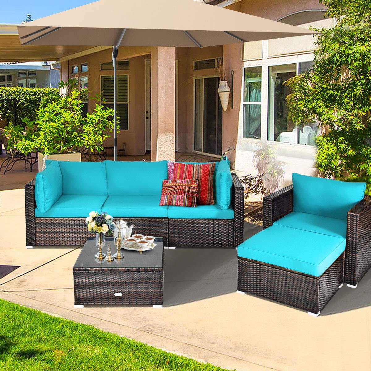 HappyGrill 6-Piece Patio Conversation Set - Outdoor Rattan Wicker Sectional Sofa with Cushions, Coffee Table & Ottoman - Perfect for Backyard, Garden, Poolside & Deck Relaxation