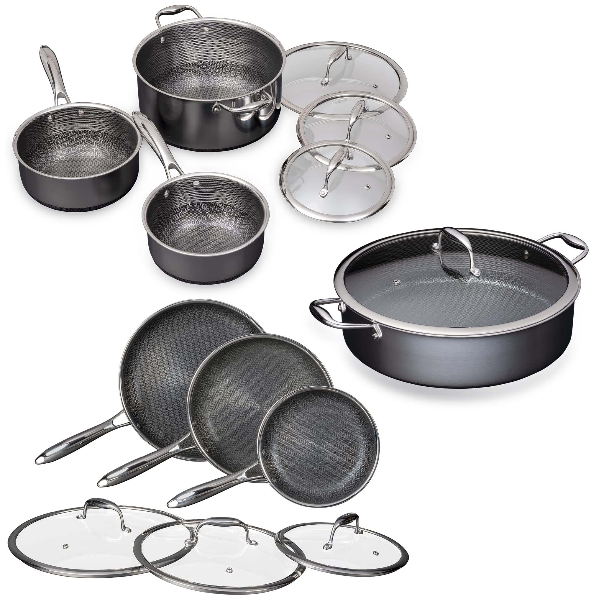 HexClad 14-Piece Hybrid Stainless Steel Cookware Set - 6-Piece Nonstick Frying Pan Set & 6-Piece Sauce Pot Set with 7-Quart Deep Fryer - Induction Compatible, Dishwasher Safe, PFOA-Free, Easy Clean Surface - Perfect for Home Cooking, Restaurant Use & Professional Chefs