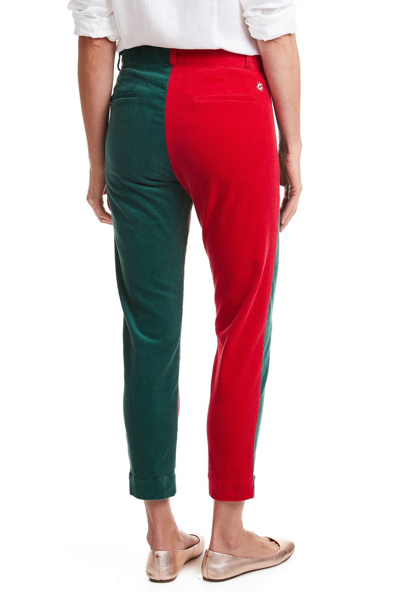 Beachcomber Corduroy Ankle Capri Pants for Women - Hunter Green & Crimson Panel Design - Perfect for Casual Outings, Beach Walks, and Fall Fashion