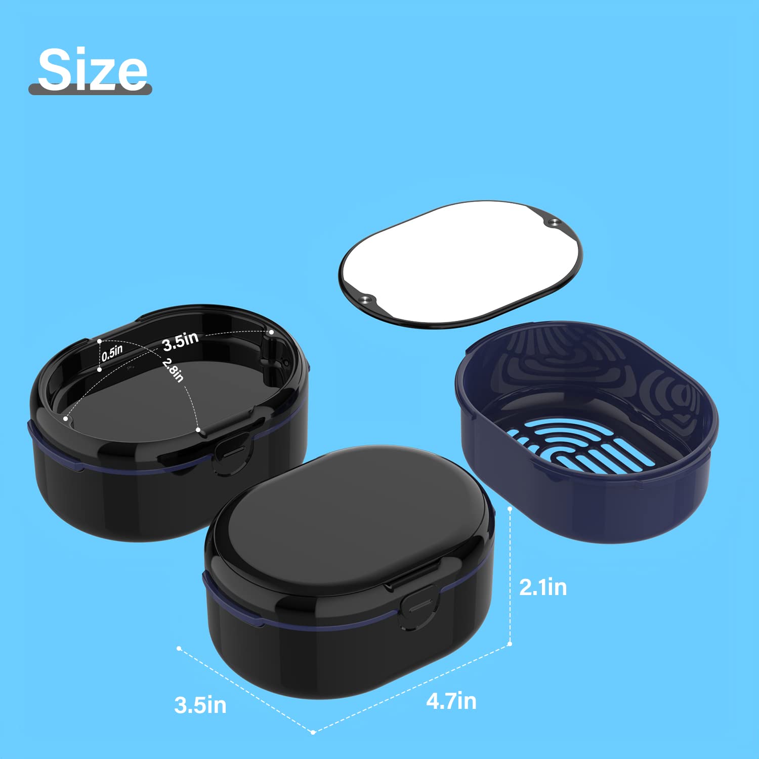 Denture Storage Case - Large Soak Container for Dentures, Retainers, Mouth Guards & Orthodontic Tools | BPA-Free Denture Bath Box with Mirror | Perfect for Nightly Soaking & Travel (Black)