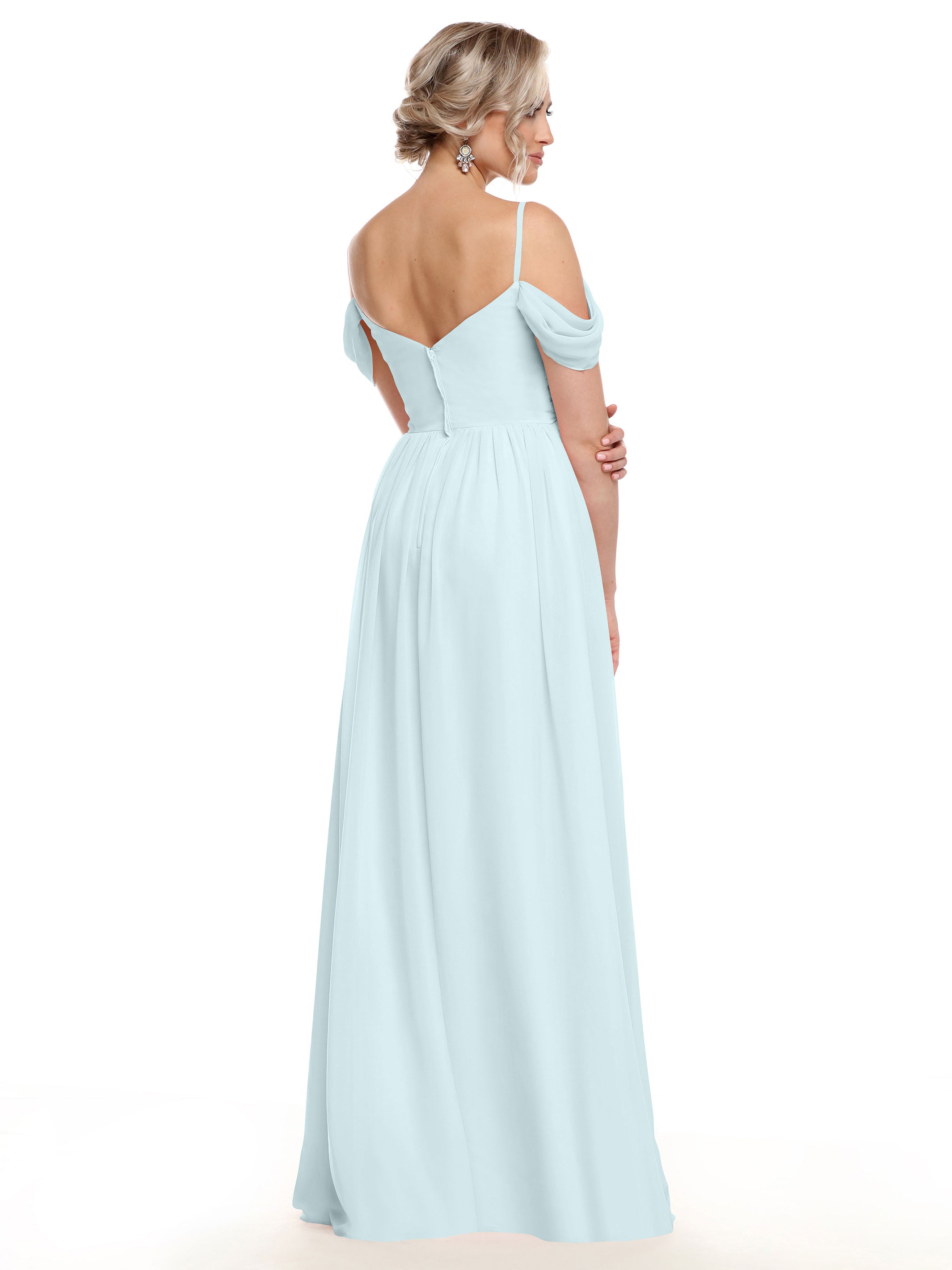 Elegant 80142 Off-The-Shoulder Chiffon Bridesmaid Dress with Spaghetti Straps - Perfect for Weddings, Formal Events & Evening Parties