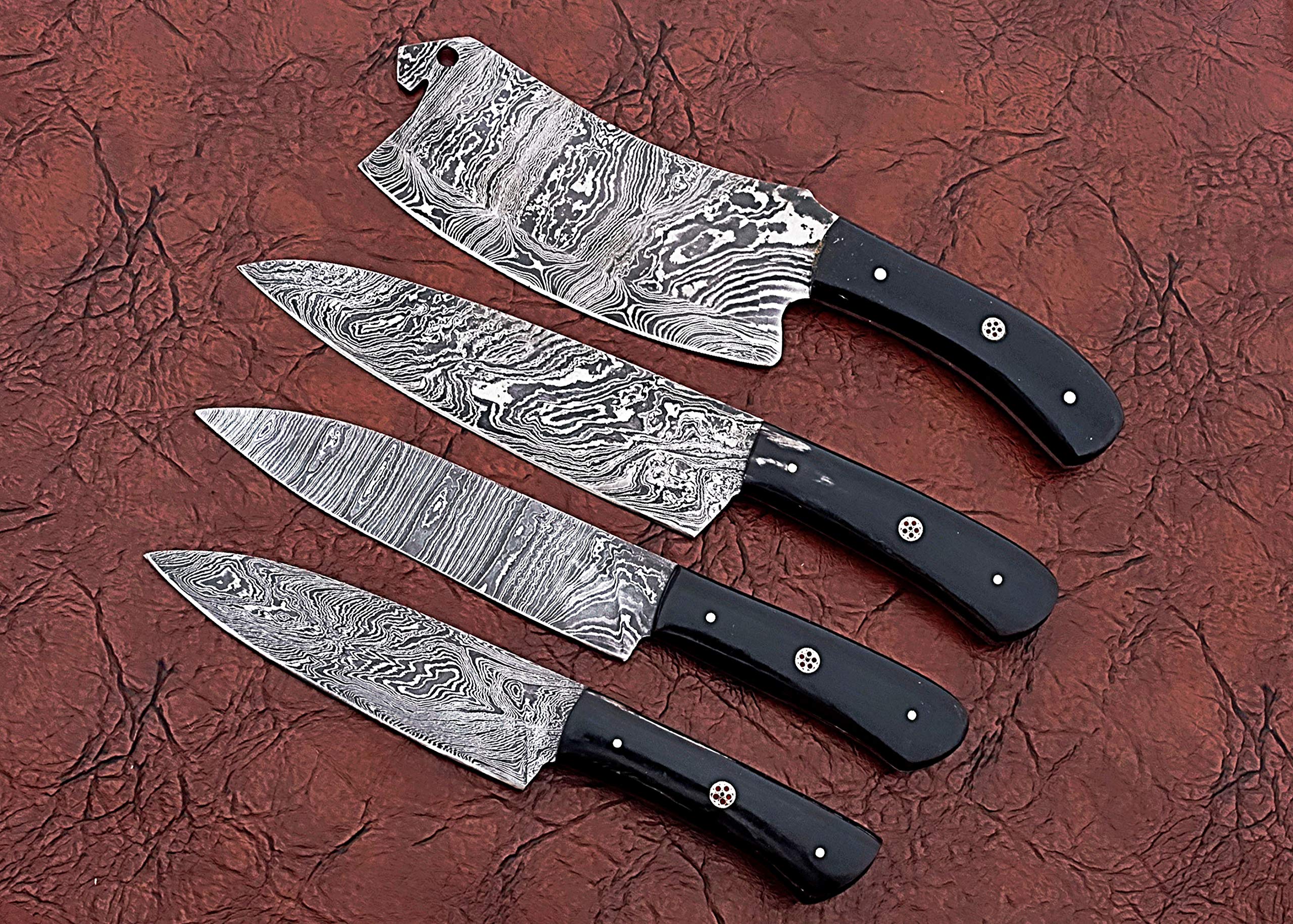 Premium 4-Piece Damascus Steel Chef Knife Set with Leather Roll Bag - Includes Chef, Slicing, Utility & Cleaver Knives - 45