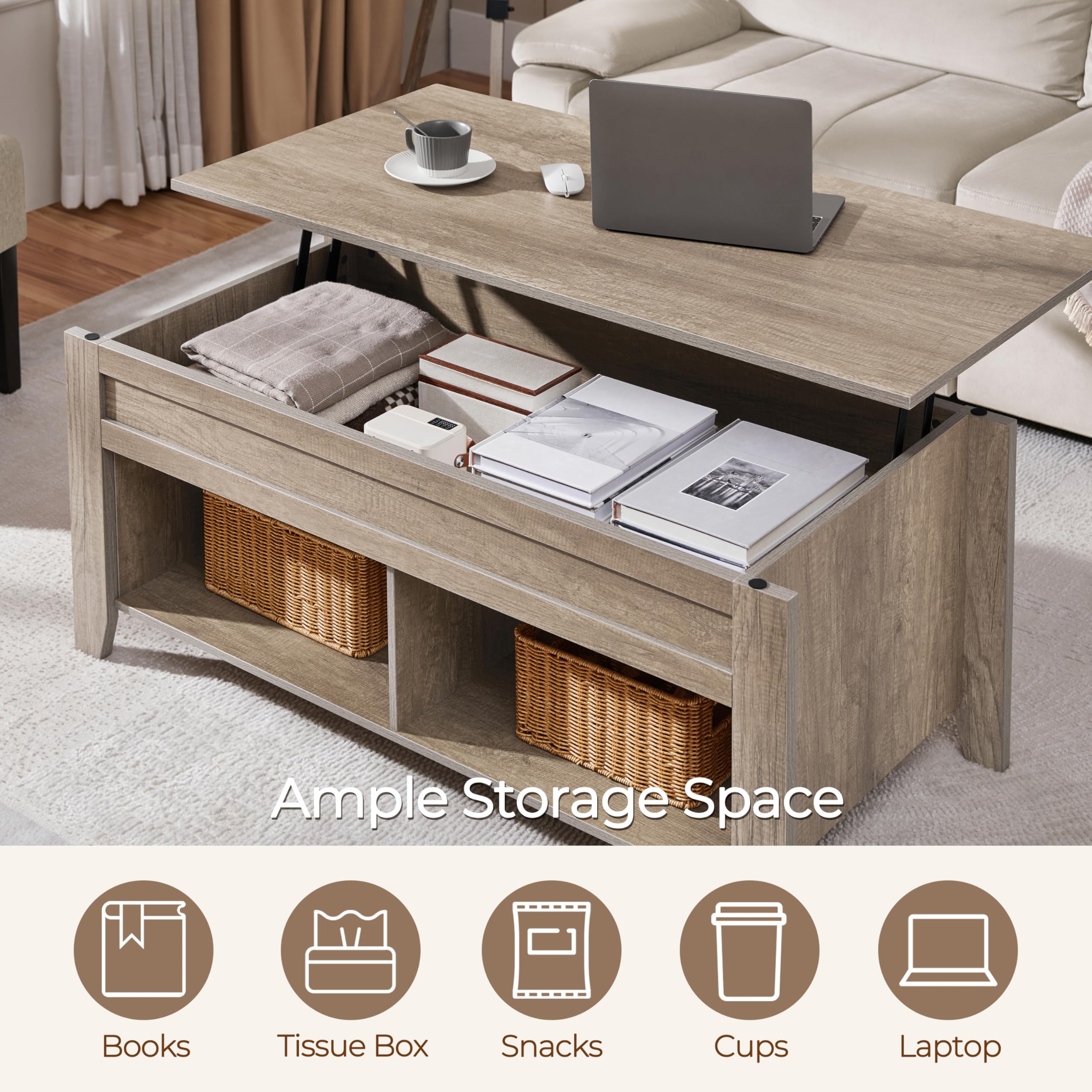 Yaheetech Lift Top Coffee Table with Hidden Storage & Lower Shelf - 47.5