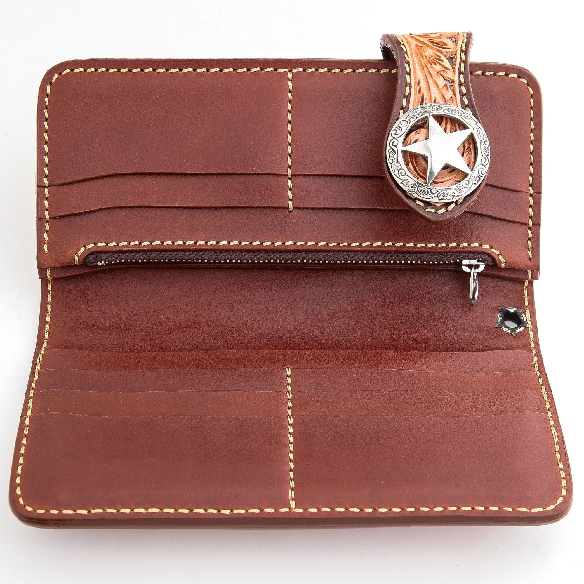 Genuine Leather Western Cowboy Biker Wallet with Brown Floral Star Design - Perfect for Riders, Bikers, and Western Fashion Enthusiasts