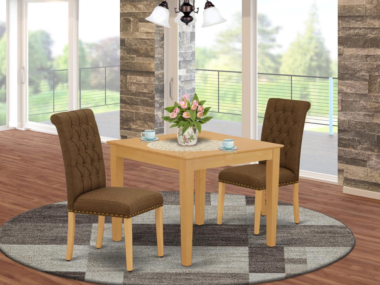 East West Furniture OXBR3-OAK-18 3-Piece Small Space Dinette Set with Square Table & 2 Brown Linen Upholstered Chairs, 36x36 Inch, Oak - Perfect for Apartments, Breakfast Nooks & Cozy Dining Areas