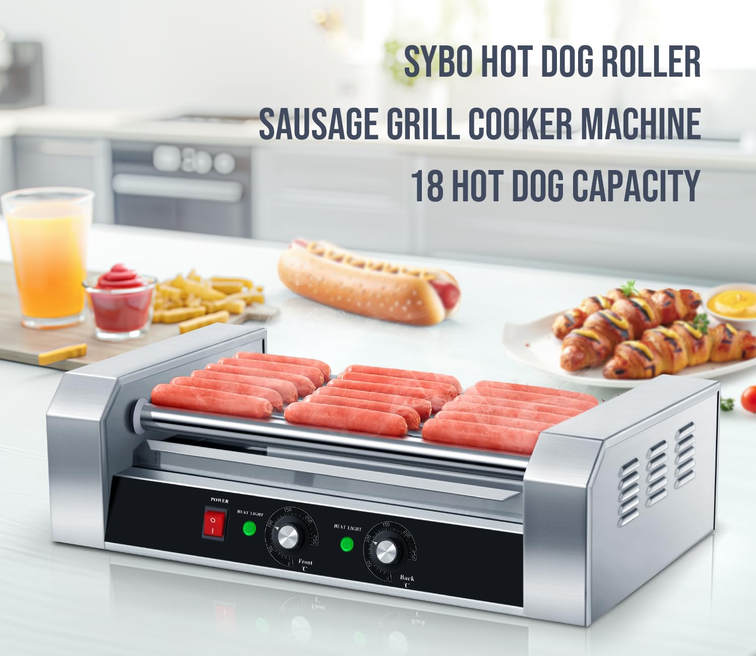 Commercial Grade SYBO Hot Dog Roller - 18 Hot Dog 7 Roller Grill Cooker Machine with Removable Stainless Steel Drip Tray, 1000-Watts - Perfect for Restaurants, Food Trucks, and Outdoor Events