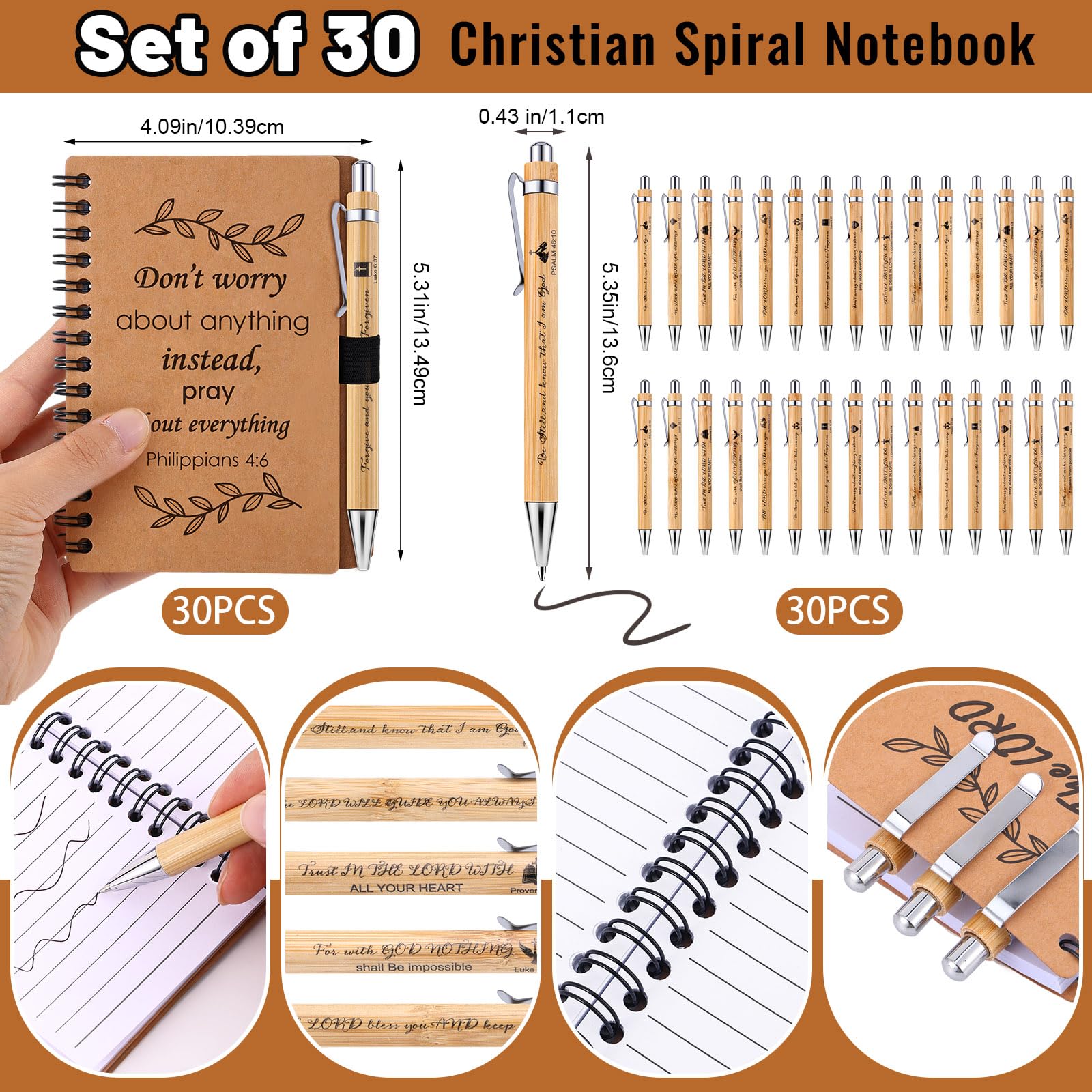 30-Pack Christian Gift Set - Inspirational Spiral Notebook with Bible Verses, Ballpoint Pen & Prayer Journal - Religious Party Favors for Women, Teachers, Church Events & Office Use - Scripture Notepad for Daily Devotion & Bible Study (Brown)