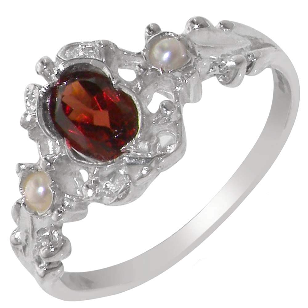 10K White Gold Genuine Garnet & Cultured Pearl Women's Band Ring - Elegant Jewelry Gift for Anniversary, Birthday & Special Occasions