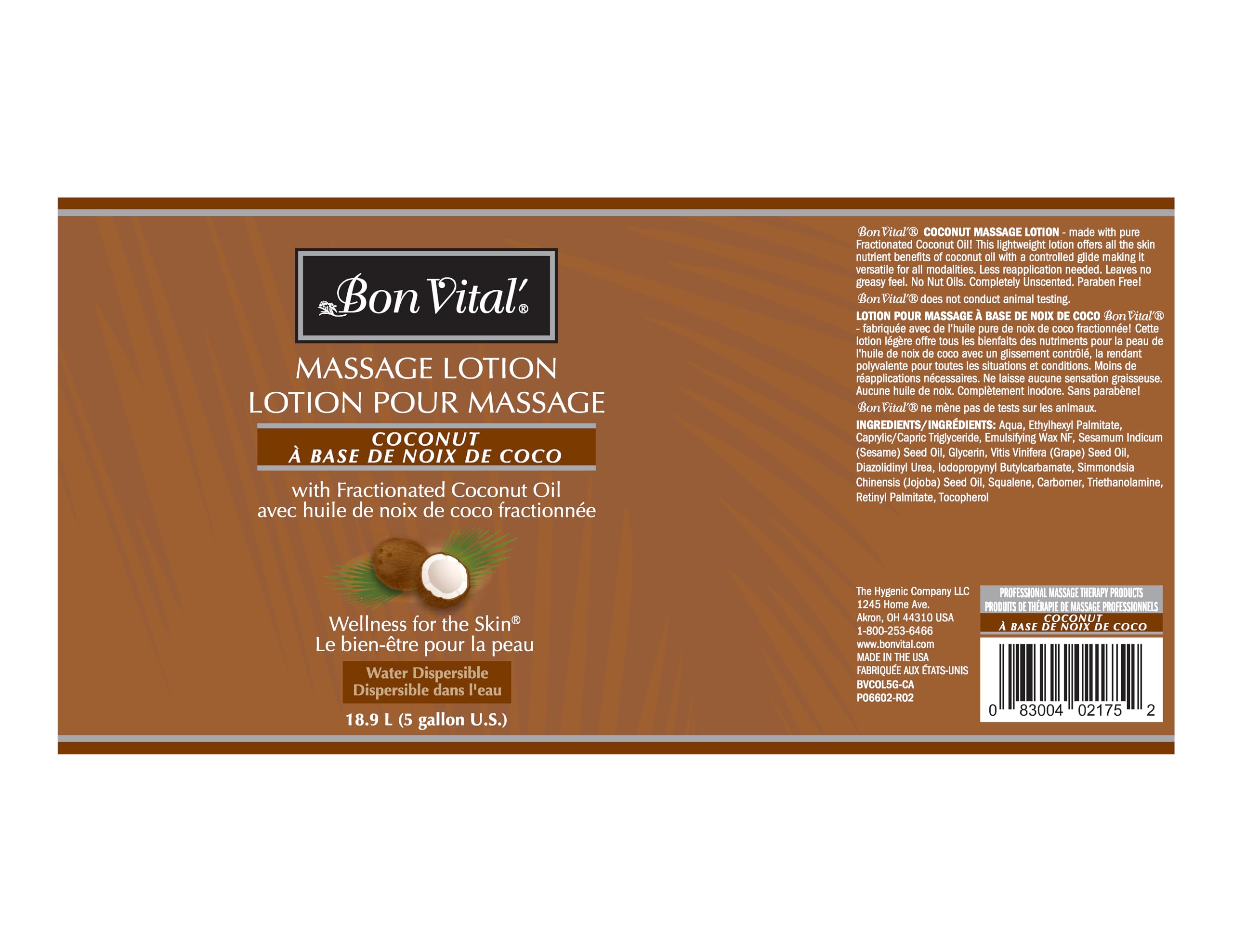 Bon Vital' 100% Pure Fractionated Coconut Oil Massage Lotion - Lightweight Hydrating & Moisturizing Body Lotion for Professional & Home Spa Use - 5 Gallon Bulk Size (Label May Vary) - Perfect for Massage Therapists, Aromatherapy & Skin Care Routines