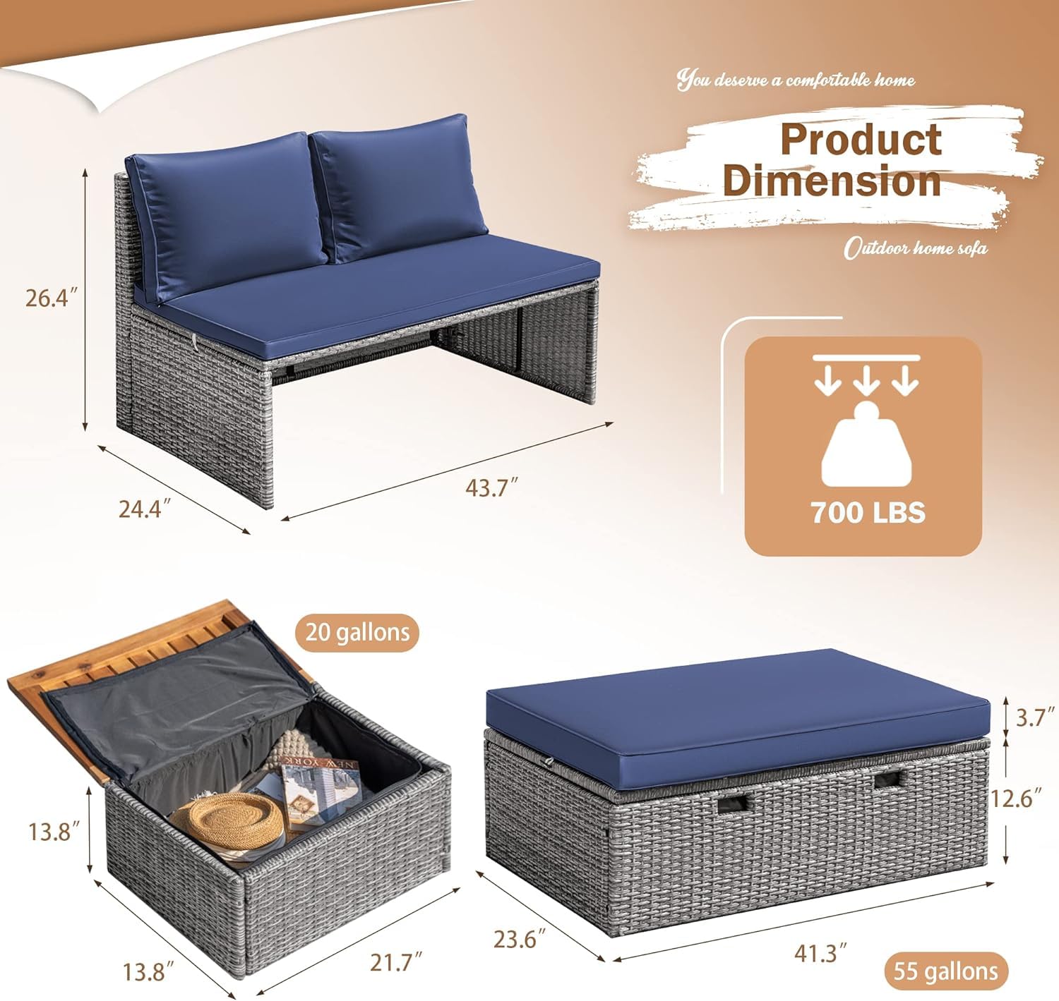 Devoko Outdoor Patio Daybed Set - Multifunctional Rattan Lounge Bed with 2 Side Tables, Navy Blue - Perfect for Backyard, Porch, Poolside, Lawn & Beach Relaxation