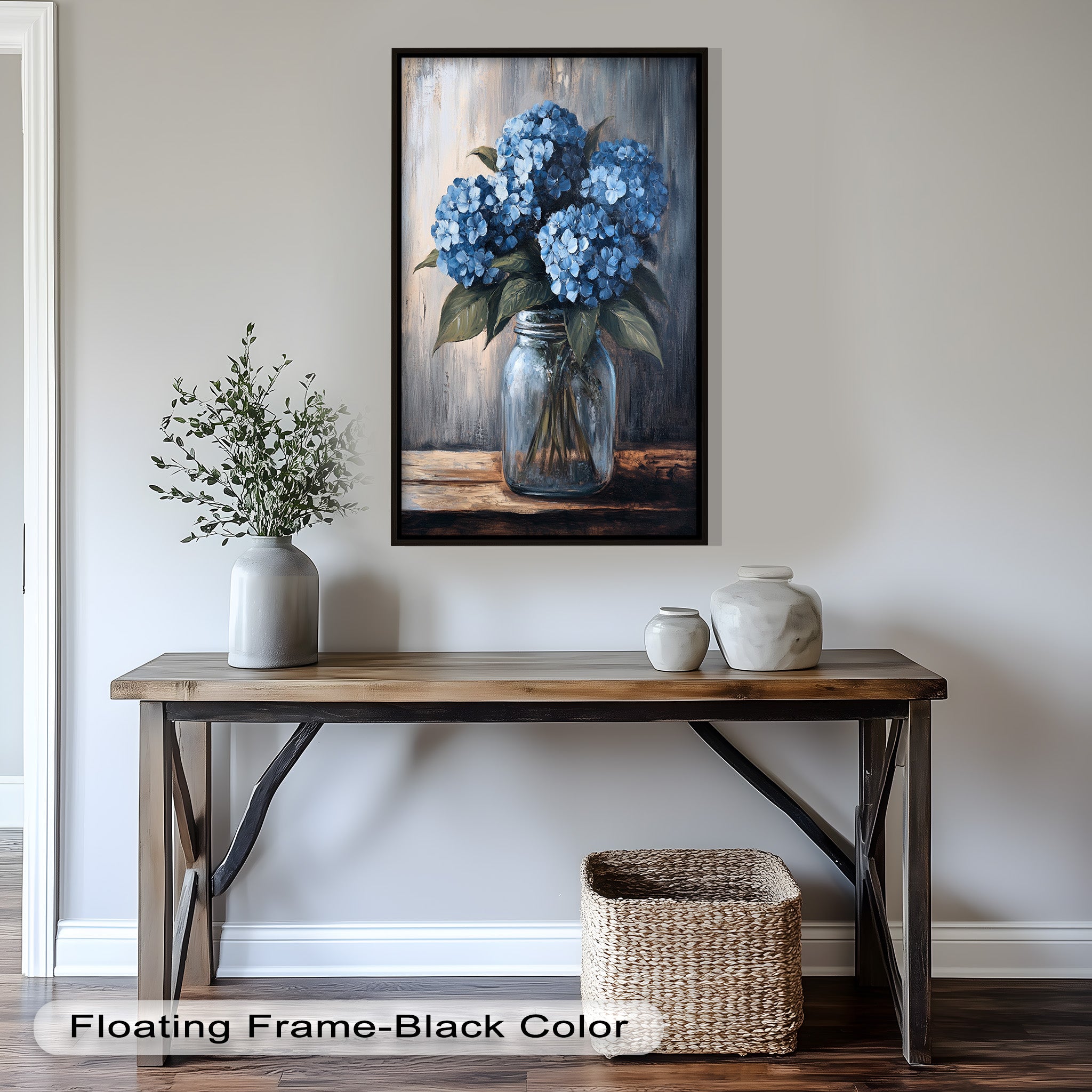 Blue Serenity Hydrangea Blooms in Mason Jar - Floral Oil Painting Wall Art for Home Decor, Living Room, Bedroom & Office | Handmade Canvas Artwork