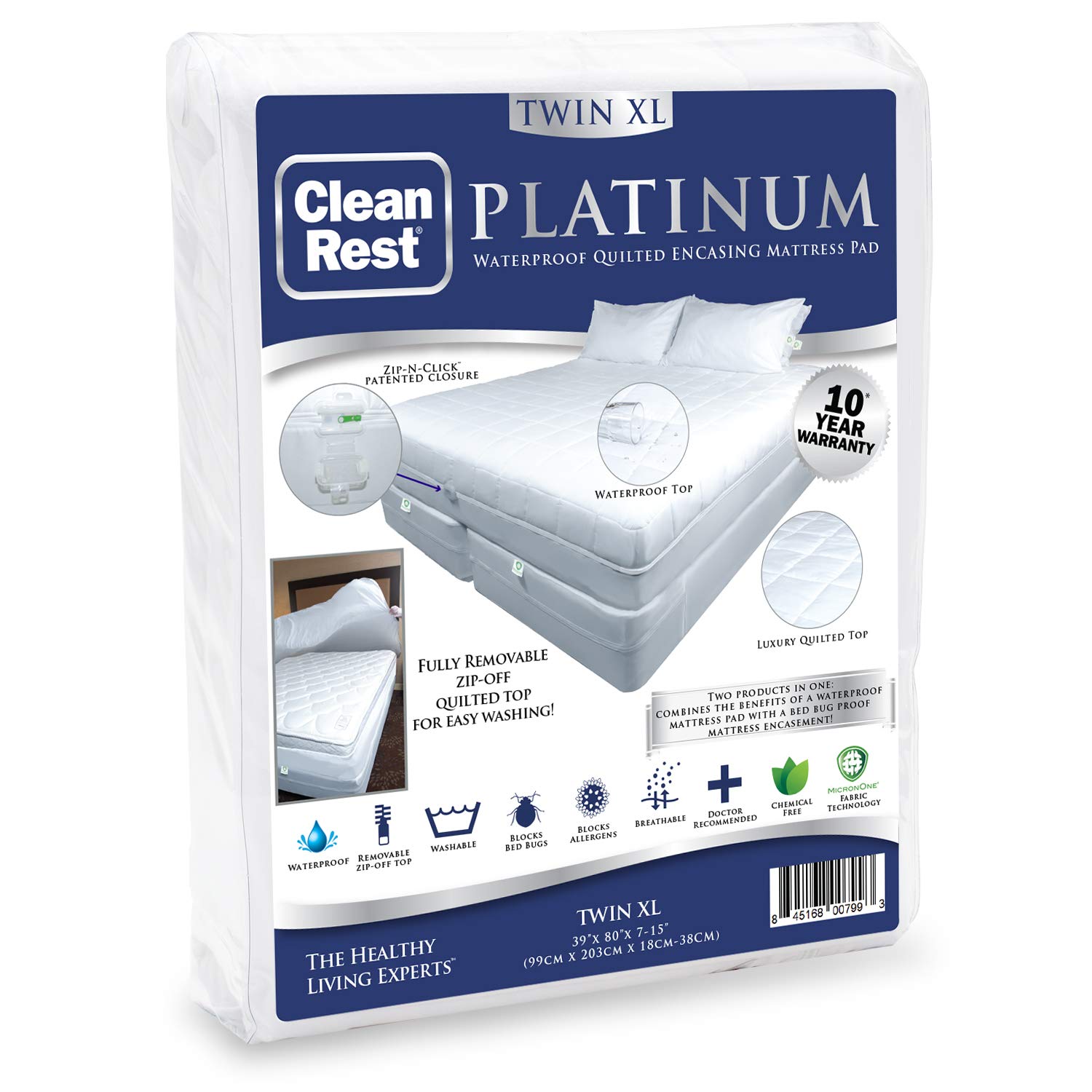 CleanRest Platinum Encasing Mattress Pad - Waterproof, Padded & Breathable Twin XL Size (7-15 Inch Height) with Removable Top & Patented Zipper Security - Ideal for Allergy Protection, Bedwetting Prevention & Hotel-Style Comfort