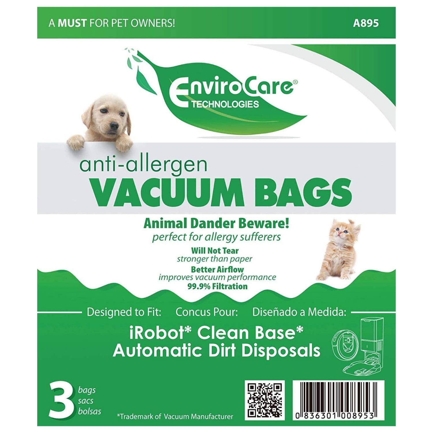 EnviroCare Roomba & iRobot Clean Base Allergen Bags (3 Pack) - Compatible with iRobot Roomba i7/i7+/i8/i8+/j7/j7+ - HEPA Filtration for Pet Hair, Dust & Allergens - Perfect for Homes with Pets & Allergy Sufferers