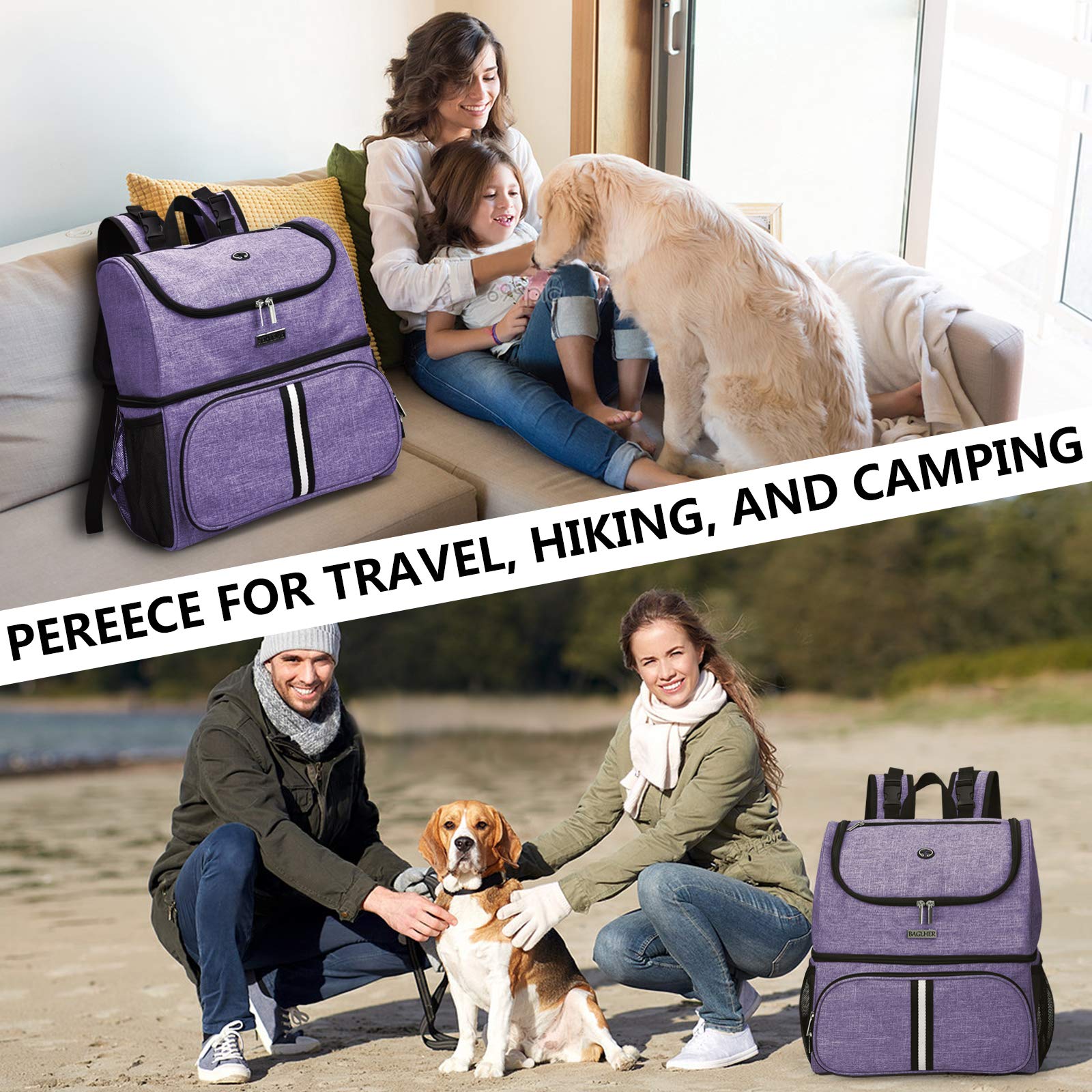BAGLHER Double-Layer Pet Travel Backpack - Waterproof Pet Carrier with 2 Collapsible Bowls & Food Containers (Purple) | Perfect for Air Travel, Hiking & Vet Visits