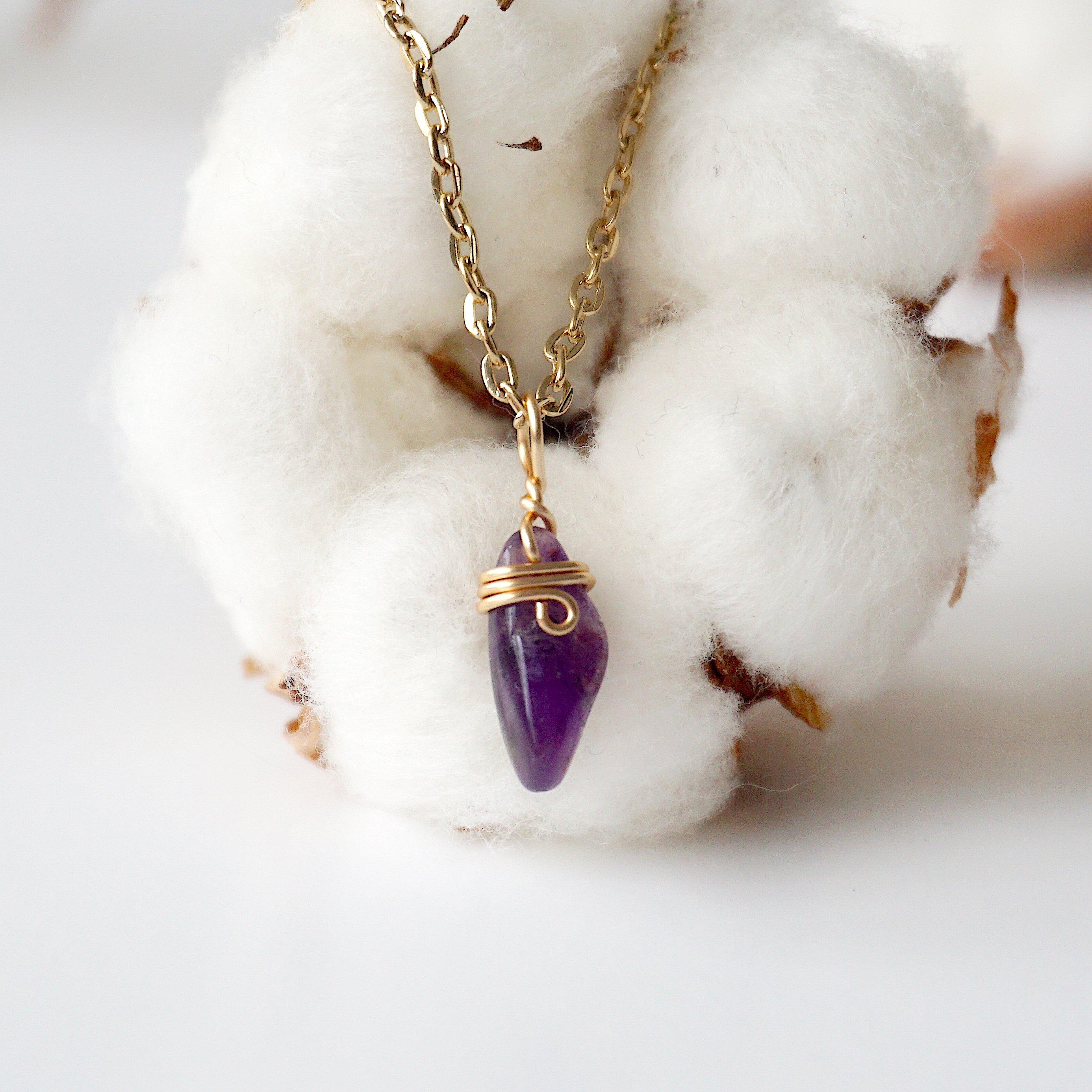Amethyst Necklace - Gold Plated Brass Wrapped Charm Pendant Jewelry for Women - Perfect for Gifts, Meditation & Spiritual Healing