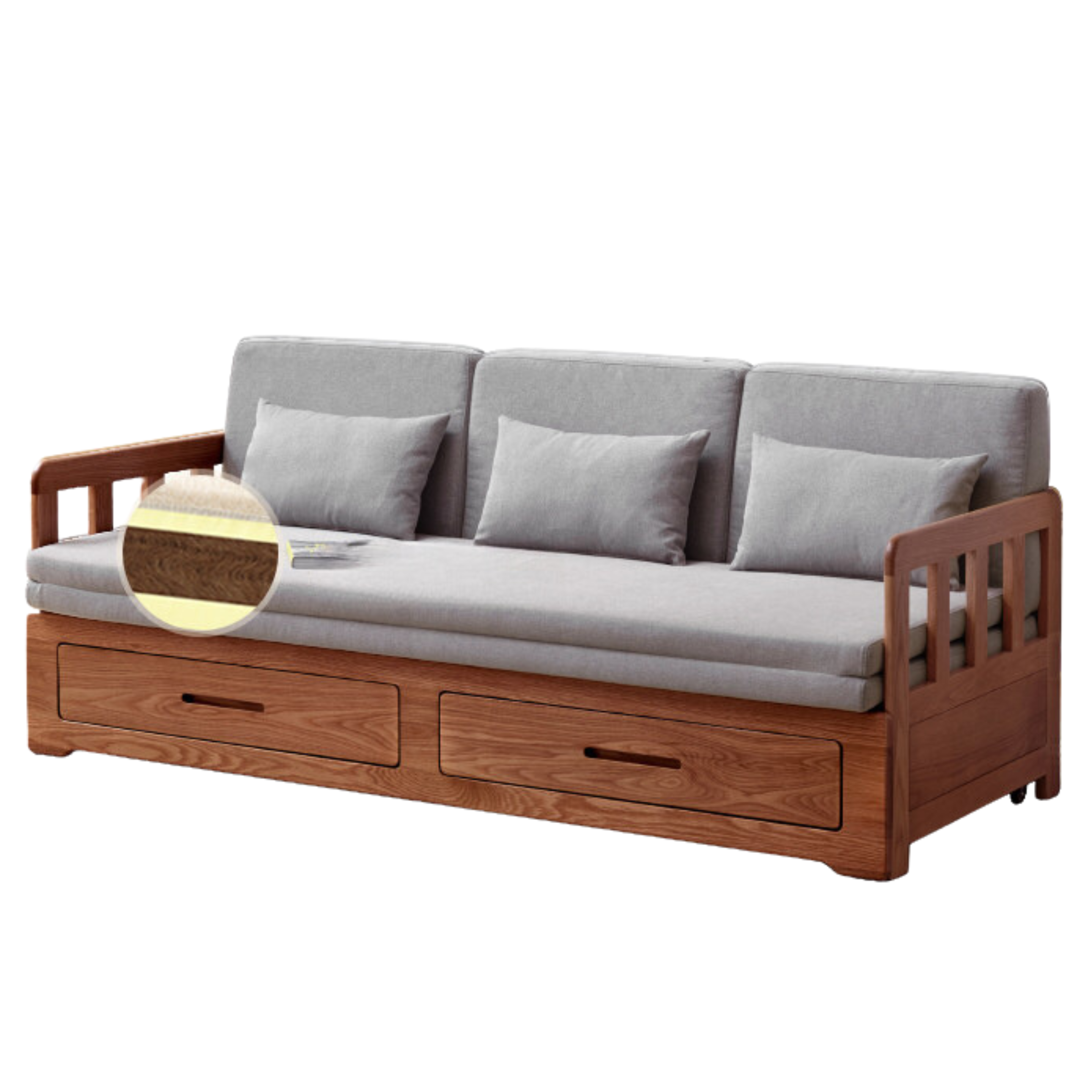 Solid Oak Wood Sofa Bed with Folding & Retractable Storage | Convertible Sleeper for Small Spaces, Guest Rooms & Apartments