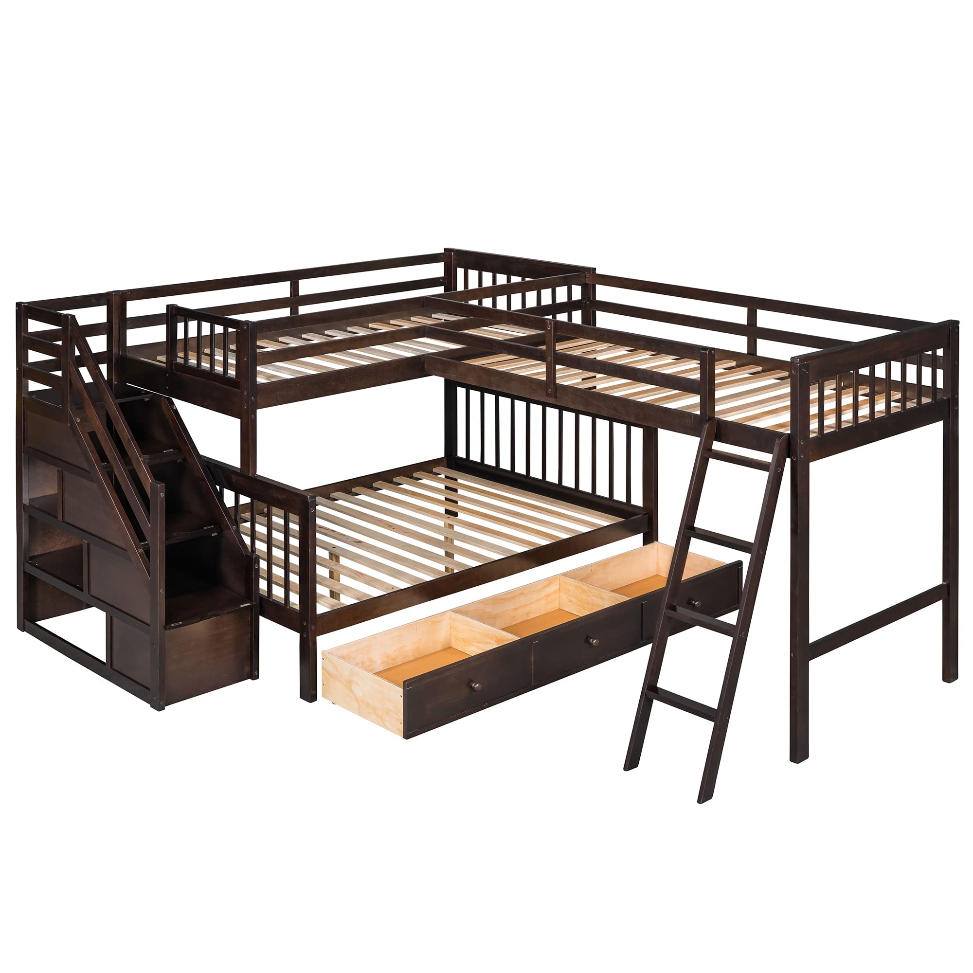Modern L-Shaped Solid Wood Triple Bunk Bed - Twin over Full with Storage Staircase, 3 Drawers & Safety Guardrail - Space-Saving Loft Bed Frame for Adults, Teens & Kids - Perfect for Small Bedrooms, Guest Rooms & Dormitories (Espresso)