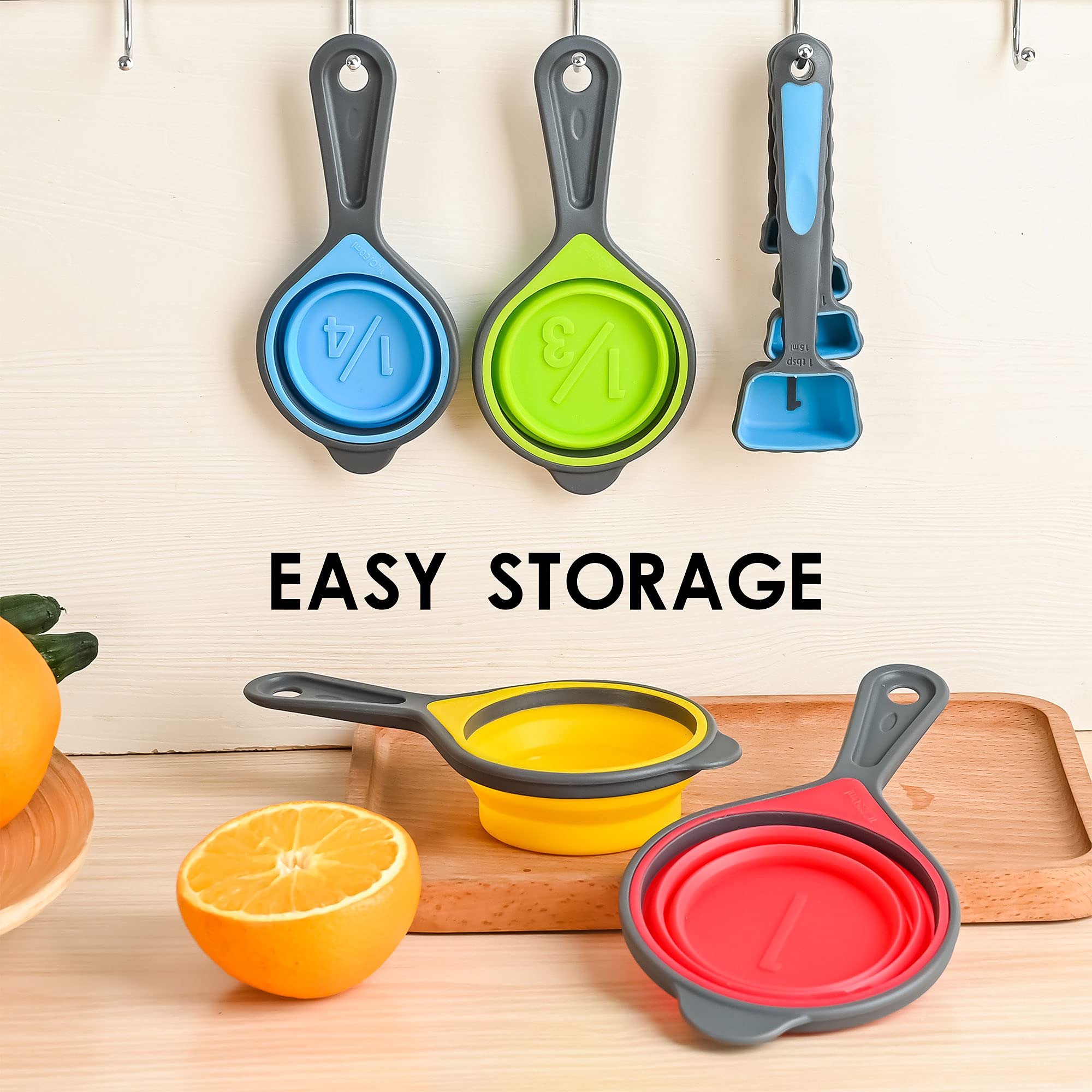 BPA-Free Silicone Collapsible Measuring Cups & Spoons Set - 8pc (4 Cups + 4 Spoons) with Engraved Metric & US Measurements - Space-Saving Kitchen Essentials for Baking, Cooking & Meal Prep - Blue
