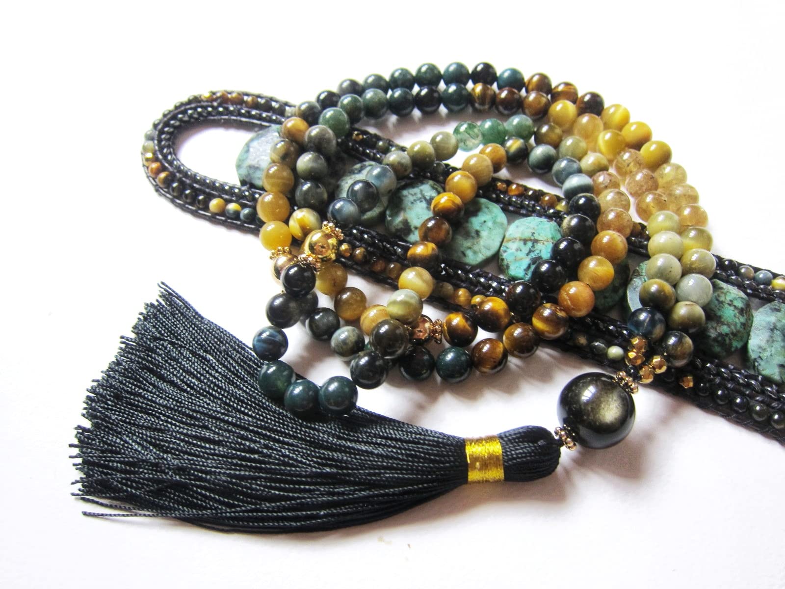 Blue Tiger Eye & Bloodstone Mala Necklace for Protection, Abundance & Good Luck | Honey Mustard & Black Obsidian Beaded Necklace | Cat's Eye & Gray Tiger Eye Spiritual Jewelry | Perfect Christmas Gift for Meditation, Yoga & Positive Energy