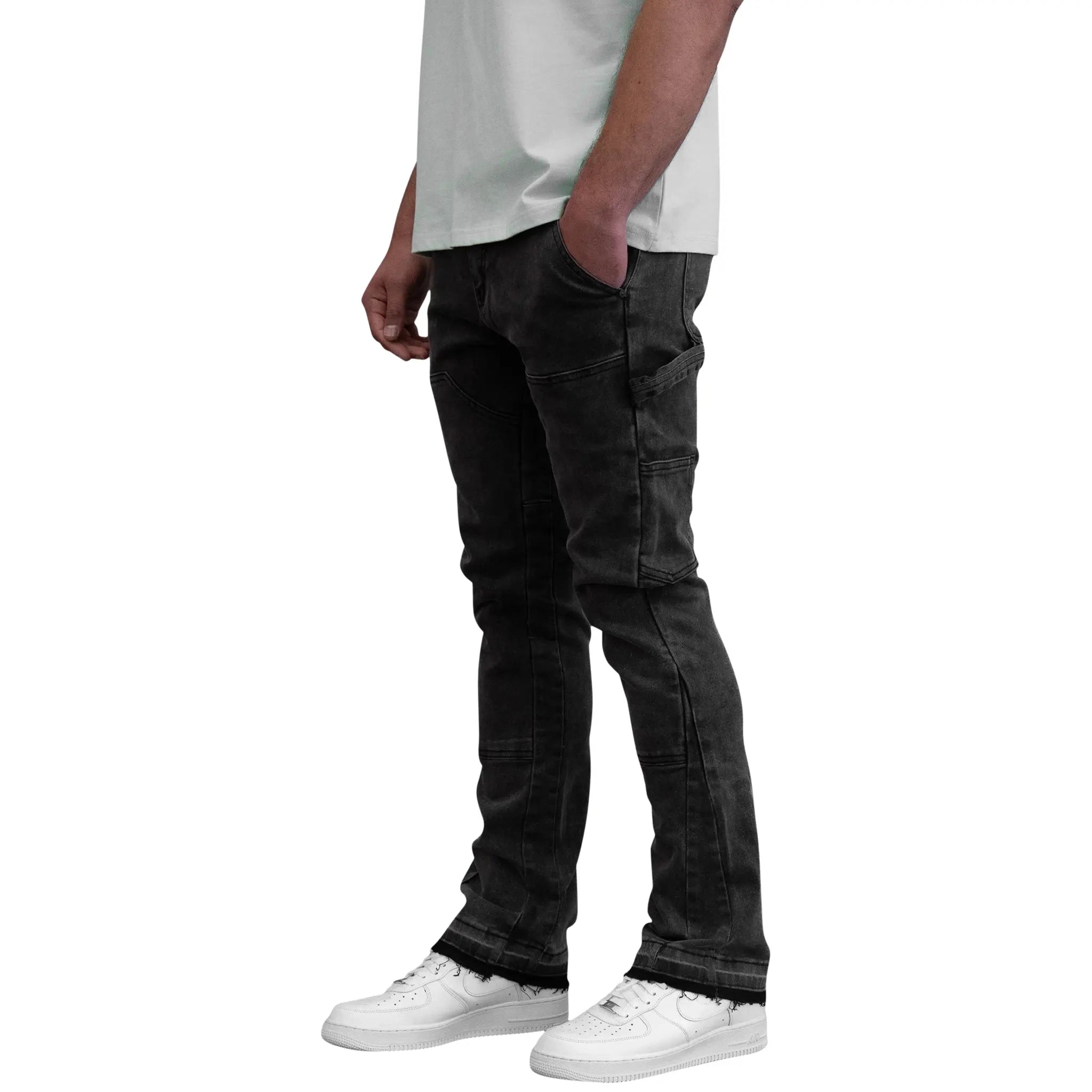 SIARR Carpenter Jeans for Men - Washed Black Denim Work Pants with Utility Pockets | Durable & Comfortable for Construction, Woodworking & Outdoor Work