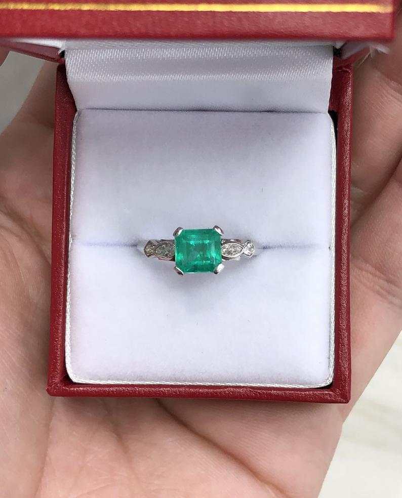 1.47tcw Asscher Cut Rich Green Emerald & Marquise Diamond Ring in 14K White Gold - Elegant Engagement & Wedding Jewelry for Women