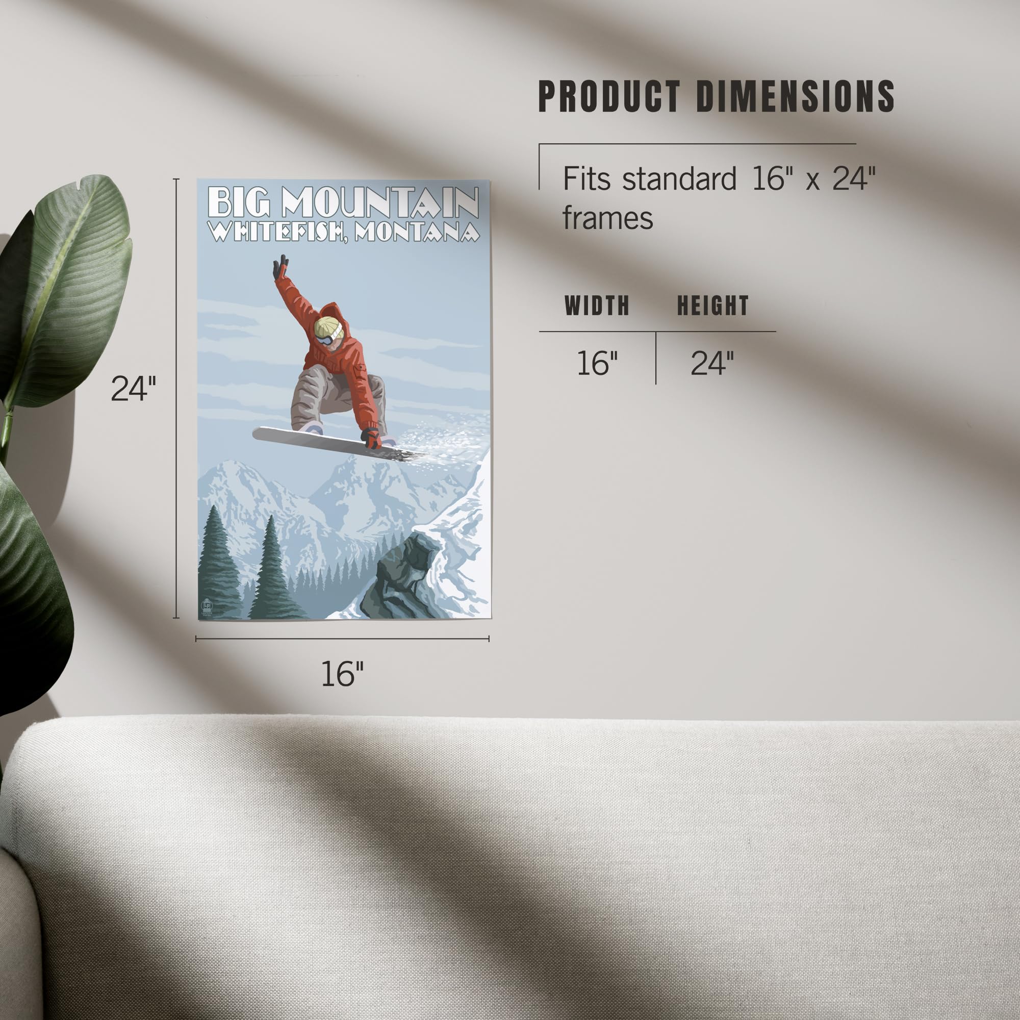 Lantern Press 16x24 Inch Giclee Art Print - Whitefish Montana Big Mountain Snowboarder Jumping Wall Decor - Perfect for Living Room, Bedroom & Office