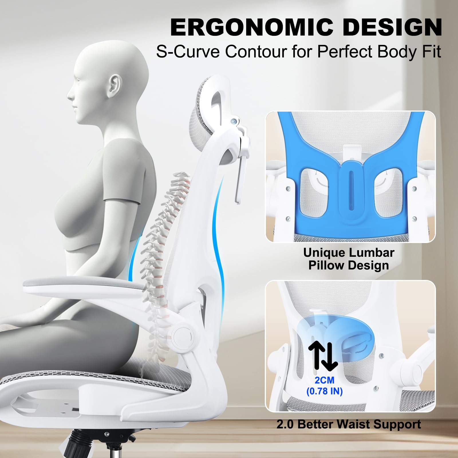 Ergonomic Office & Gaming Chair with Adjustable Lumbar Support, Headrest & Armrests - Height Adjustable Swivel Desk Chair with Wheels, Seat Depth & Tilt Function - Perfect for Home Office, Gaming & Workspace (White)