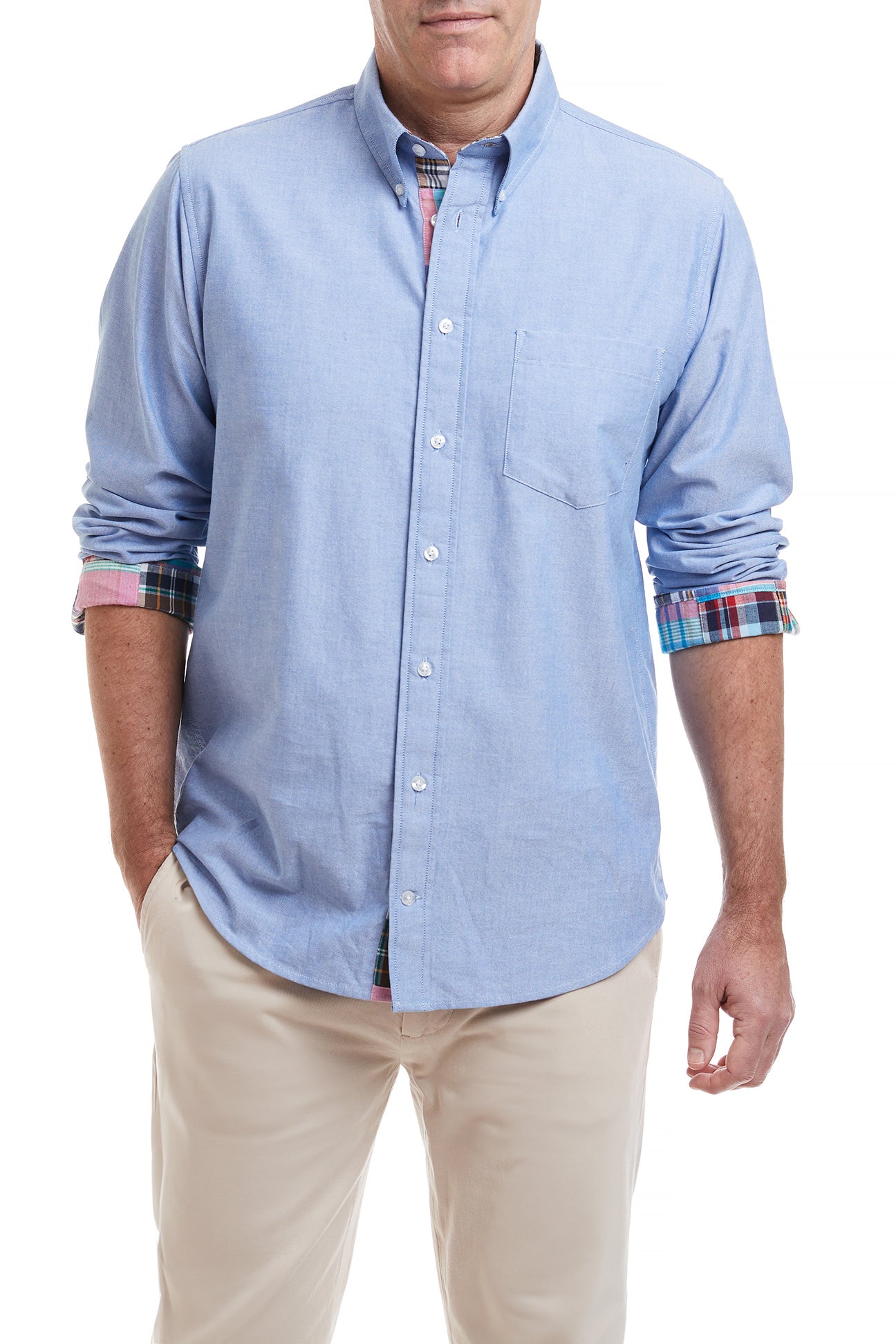Chase Shirt Blue Oxford with Weston Patch Madras Trim - Premium Men's Casual Button Down Shirt for Business & Weekend Wear