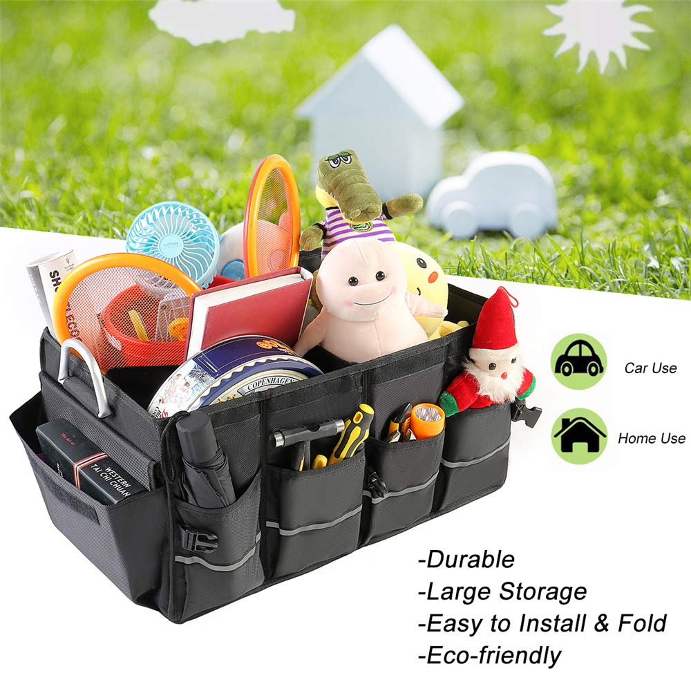 Multi Compartments Collapsible Car Trunk Organizer - Portable SUV & Van Storage Bag (Black) - Perfect for Road Trips, Grocery Shopping & Travel Organization