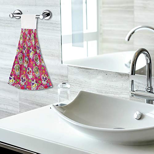 Halloween Sugar Skulls Hanging Kitchen Towels - 2PCS Pink Day of The Dead Hand Towels with Loops | Super Absorbent & Soft 12x17 Inch Dish Towels for Kitchen, Bathroom & Oven | Perfect for Halloween Decor & Dia de Los Muertos Celebrations