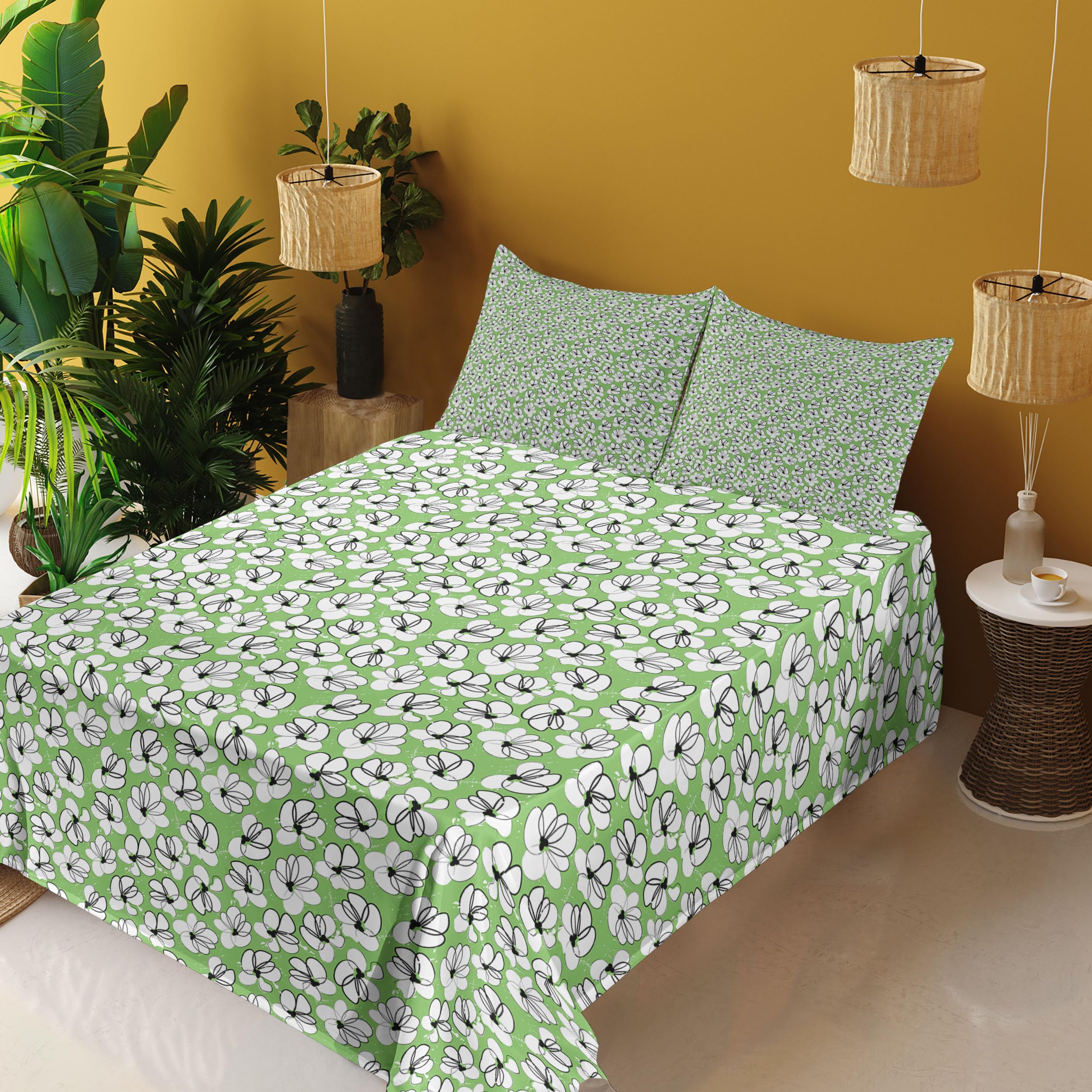 Ambesonne Floral King Sheet Set - 4 Piece Modern Design Summer Petals with Grunge Strokes Bedding Set, Fitted & Flat Sheets with Pillowcases, Shamrock Green Black - Perfect for Master Bedroom, Guest Room & Vacation Home Decor