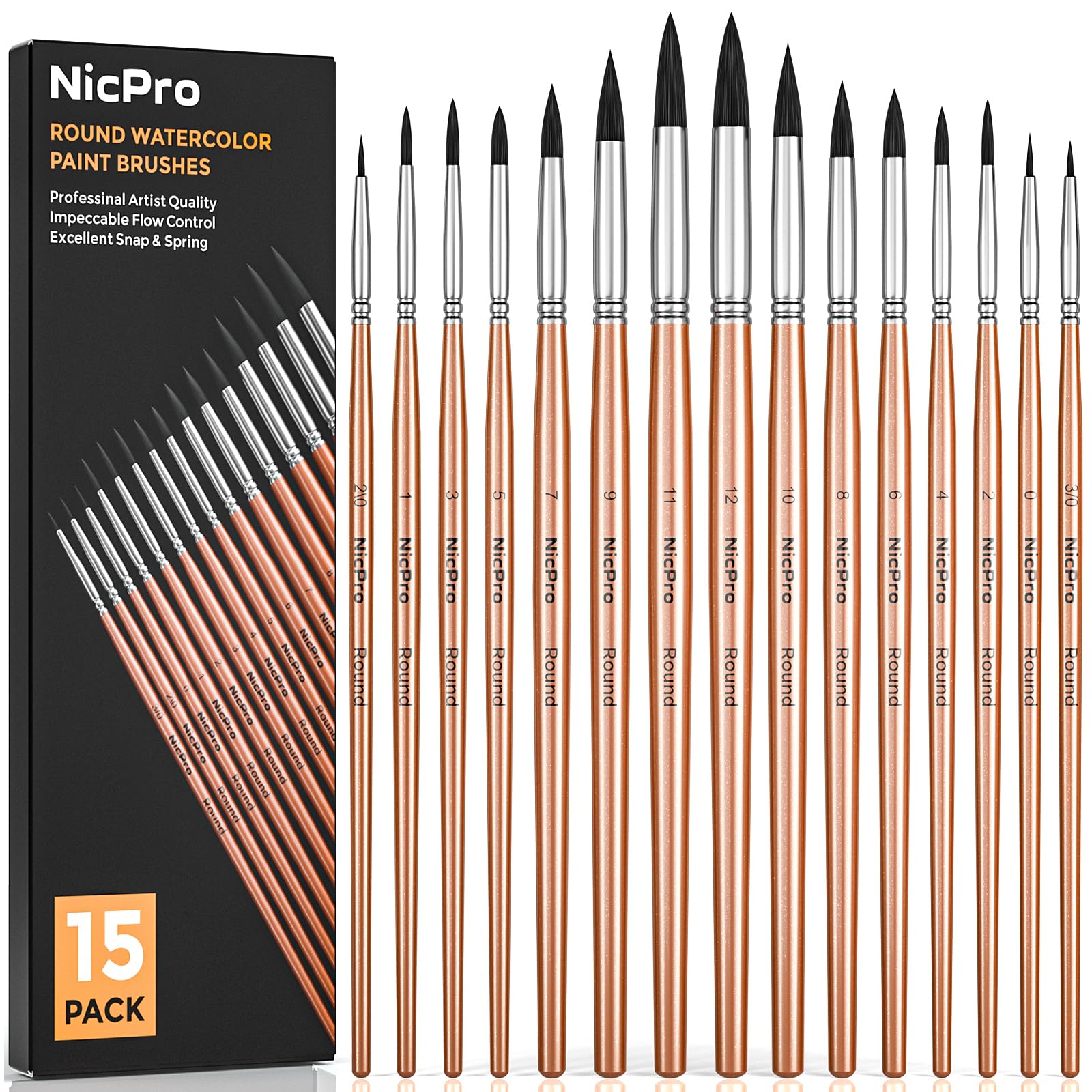 Nicpro 15-Piece Round Watercolor Brush Set - Professional Soft Synthetic Squirrel Hair Artist Brushes for Watercolor, Oil, Gouache & Ink Painting | Perfect for Beginners, Professionals & Model Detailing