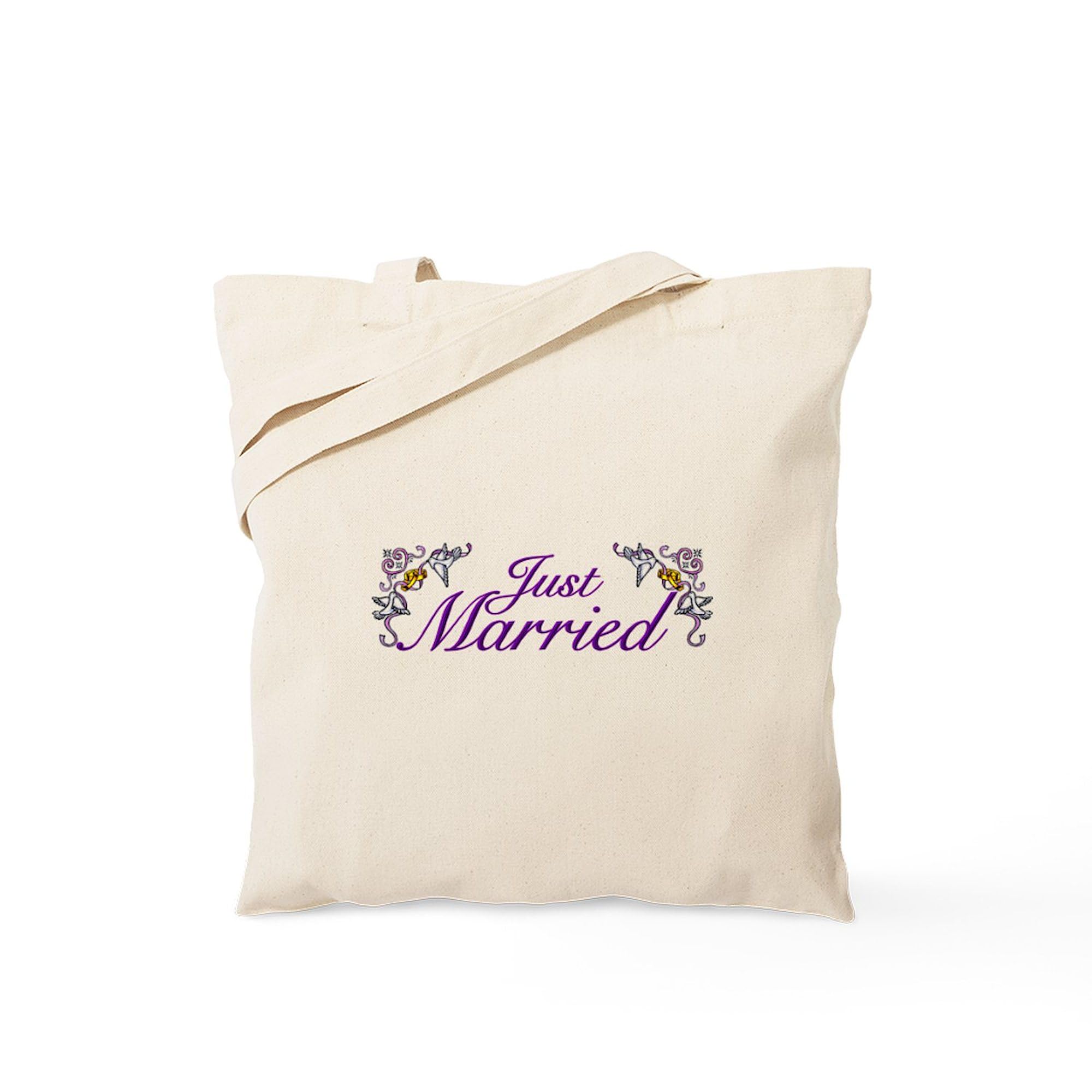 Just Married Purple Tote Bag - Natural Canvas Reusable Grocery Shopping Bag for Bridal Showers, Bachelorette Parties & Honeymoon Travel