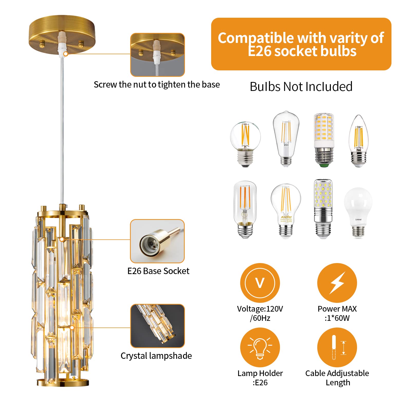 Modern Gold Pendant Lights with Mini Crystal Chandelier - 2-Pack, Elegant Kitchen Island Lighting, Dining Room & Bedroom Ceiling Fixture, Perfect for Sink Area & Home Decor (Gold Finish)
