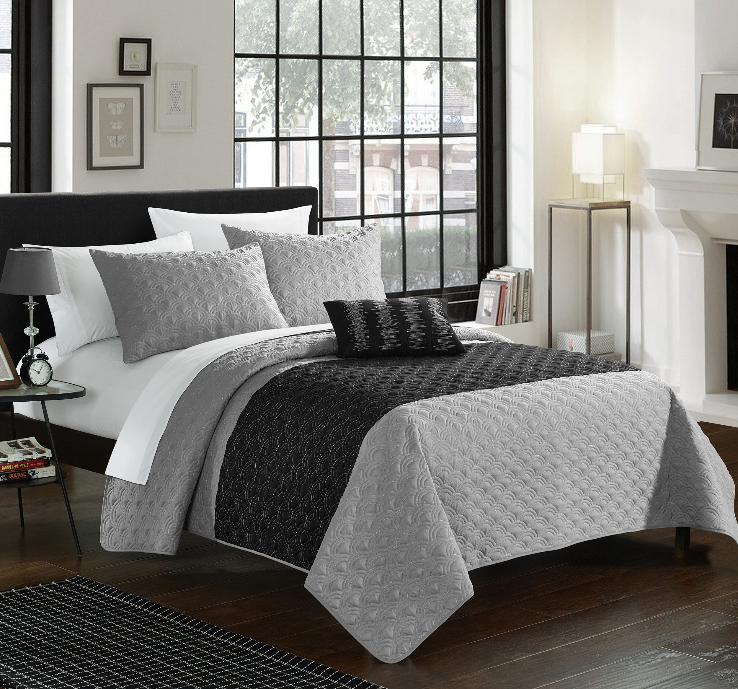 Stylish 4-Piece Dominic Geometric Embroidered Quilt Set with Shams & Decorative Pillows - King Size, Grey - Perfect for Master Bedroom, Guest Room & Home Decor