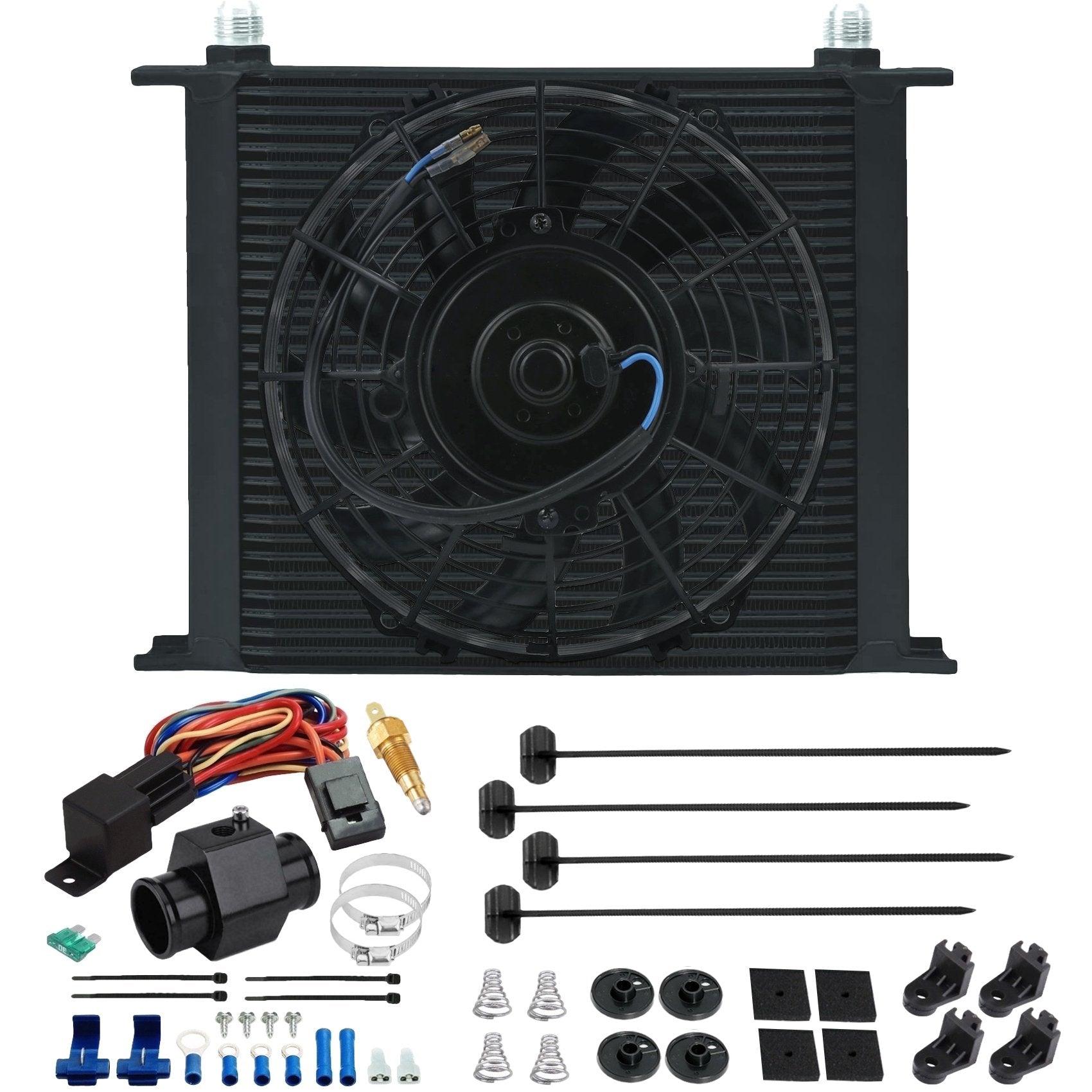 34 Row Transmission Oil Cooler with Electric Fan & In-Hose Temp Switch Kit - Heavy Duty Cooling for Trucks, SUVs, and Performance Vehicles