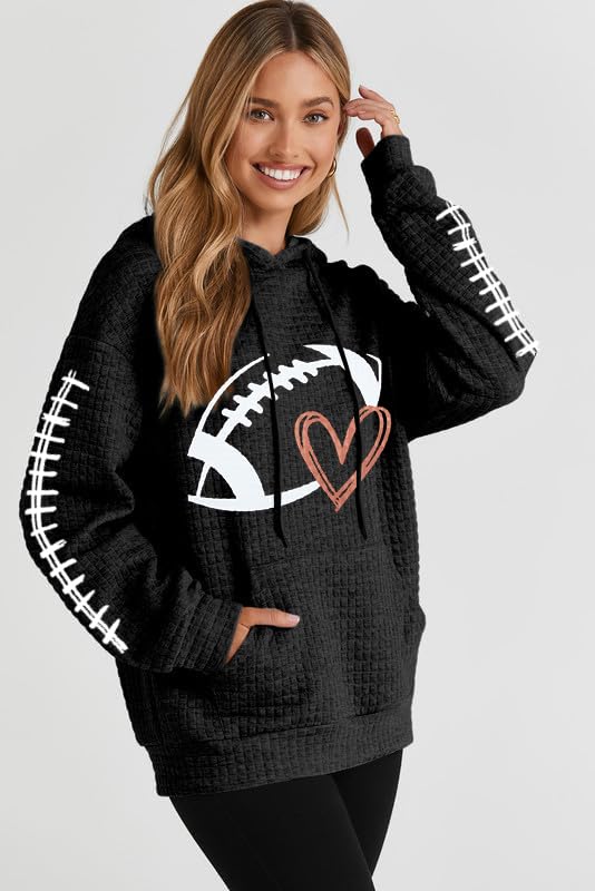 VILOVE Women's Funny Football Graphic Hooded Sweatshirt - Waffle Knit Game Day Pullover Long Sleeve Hoodie - Perfect for Football Games, Tailgating & Casual Wear