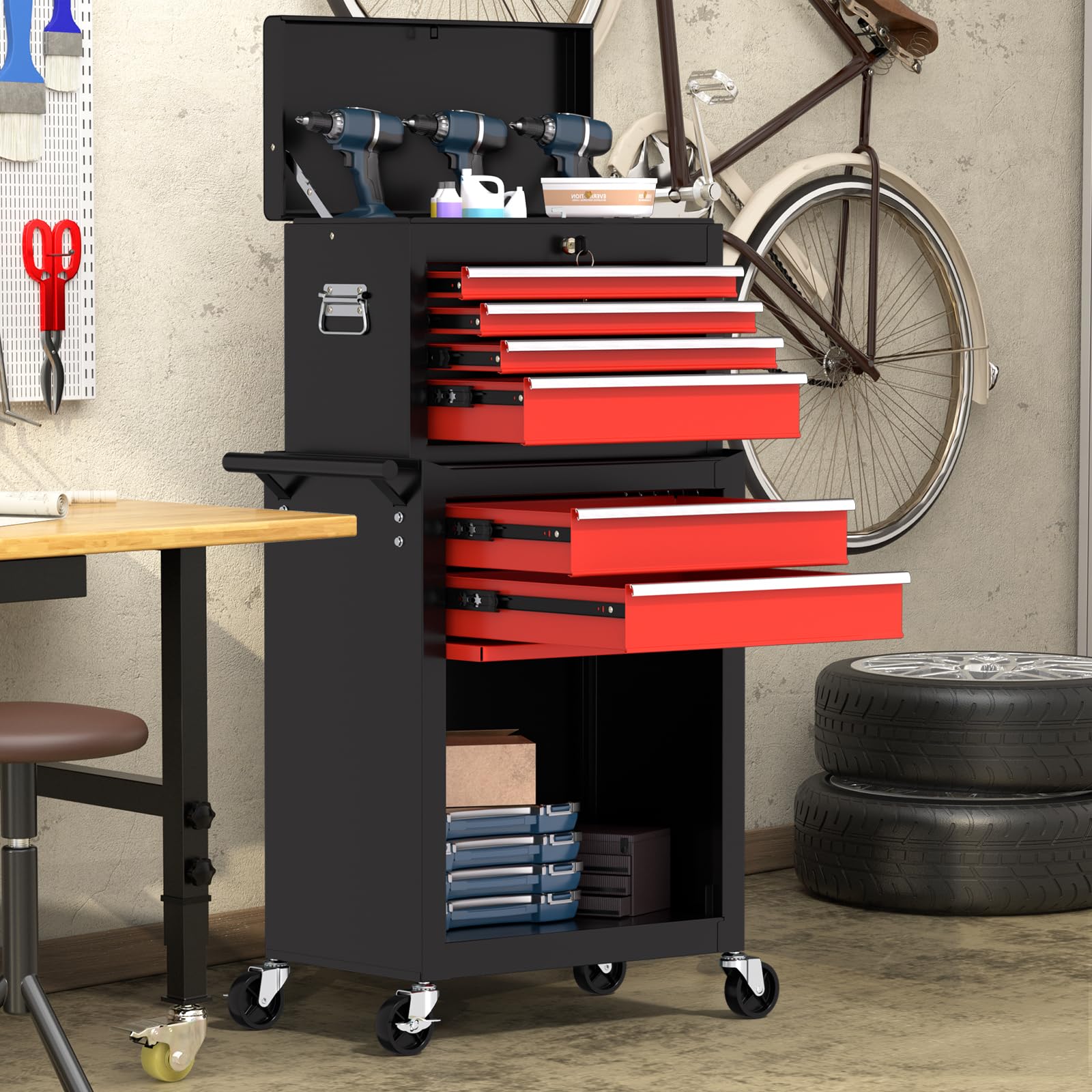 6-Drawer Heavy Duty Rolling Tool Chest - 2-in-1 Lockable Metal Tool Storage Cabinet with Wheels & Removable Drawers for Mechanics, Garage, Workshop | Perfect for Automotive Repair, Home DIY Projects & Professional Tool Organization