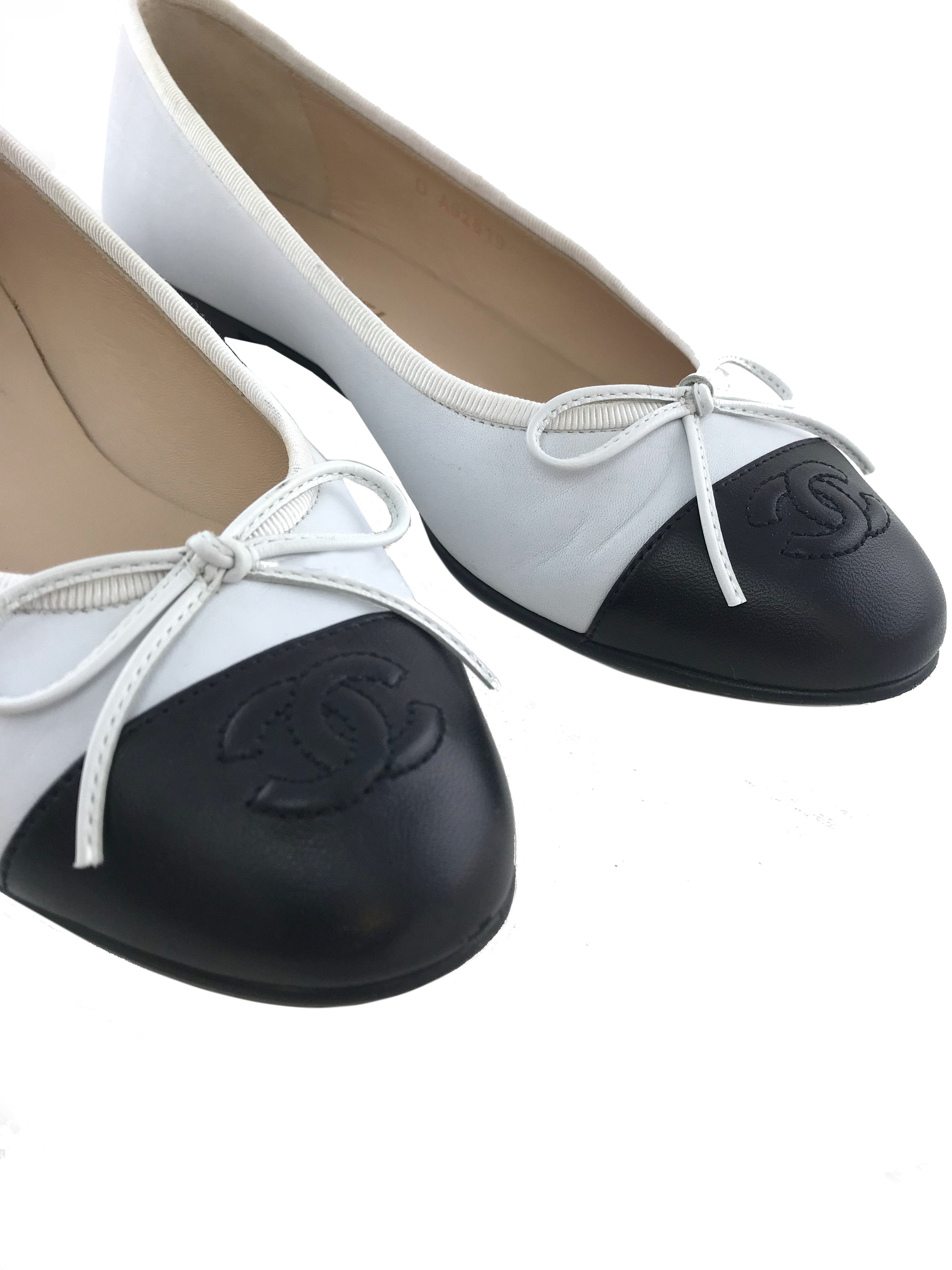 Chanel CC Cap Toe Leather Ballet Flats for Women - Size 8 | Classic Pointed Toe Comfortable Shoes for Work, Party & Everyday Wear