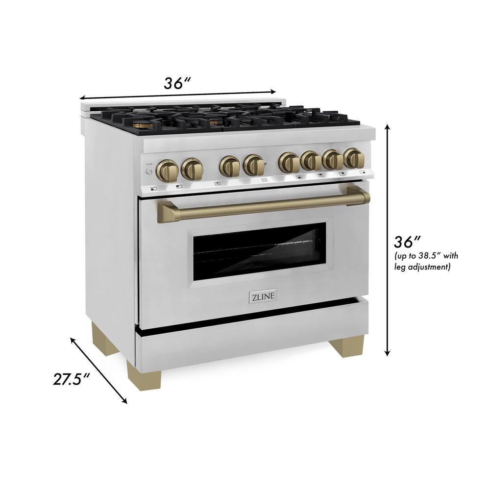 ZLINE Autograph Edition 36-inch Stainless Steel Dual Fuel Range & Range Hood Kitchen Package with Champagne Bronze Accents (2AKP RARH36 CB) - Perfect for Gourmet Cooking & Modern Kitchen Design