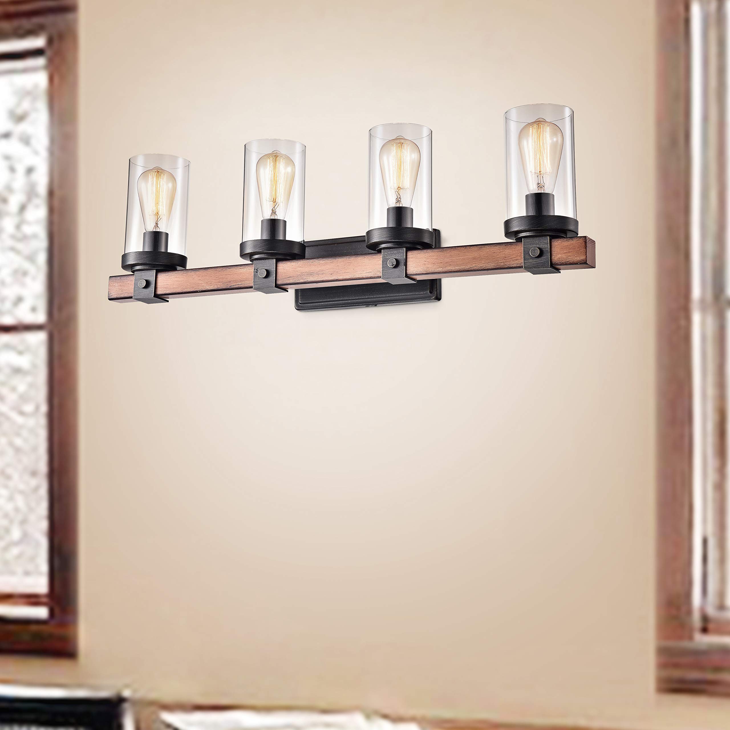 Jojospring Natural Wood 4-Light Glass Cylinder Antique Black Wall Sconce - Vintage Industrial Lighting Fixture for Living Room, Bedroom, or Hallway Decor