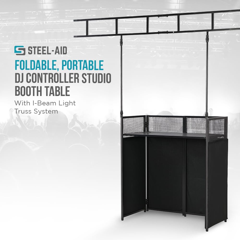 STEEL-AID Foldable Portable DJ Controller Stand with I-Beam Light Truss System & Carry Case - Professional DJ Booth for Recording Studio, Live Performances & Events (Black/White Panels) - Perfect for Clubs, Weddings & Mobile DJ Setups