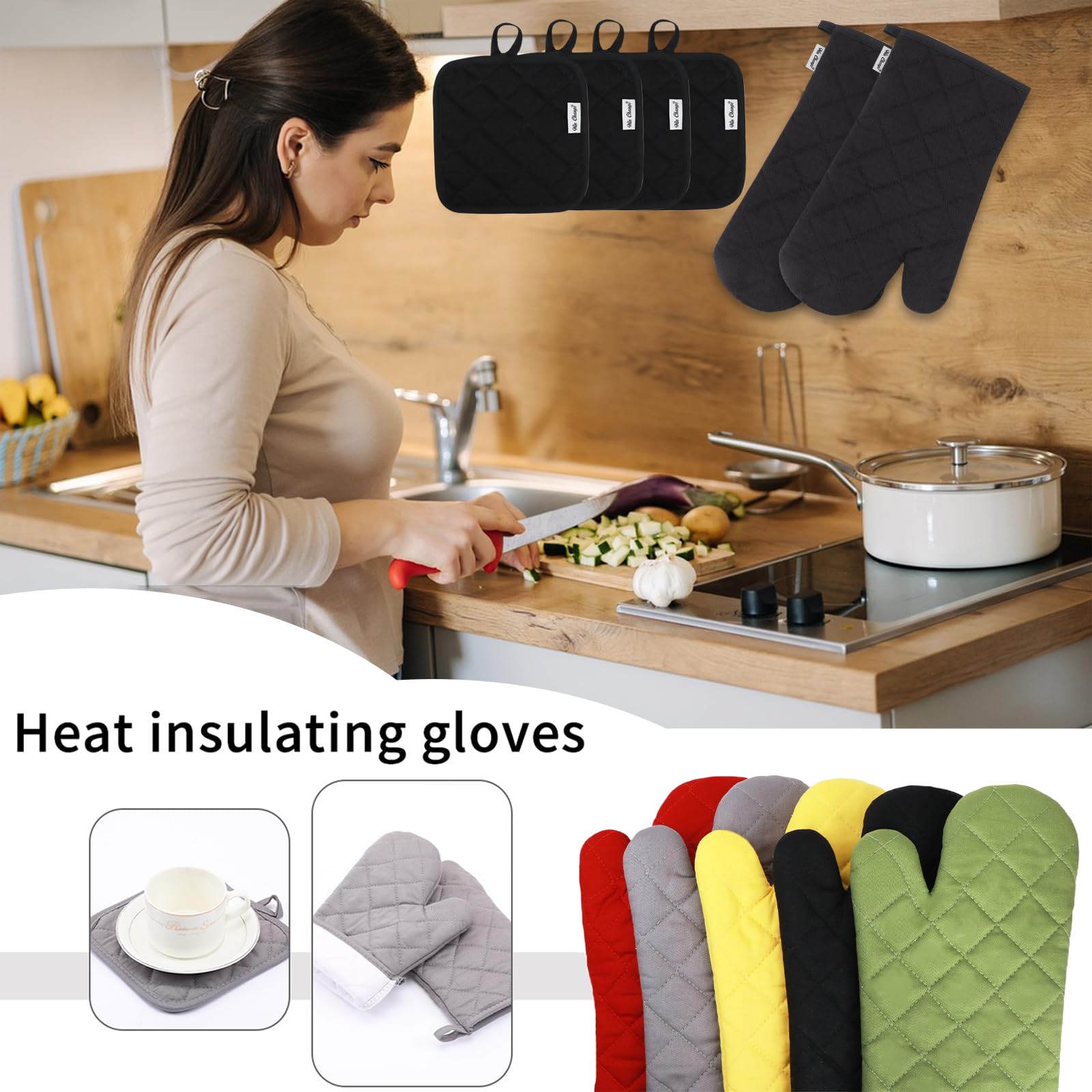 6-Piece High Heat Resistant Oven Mitts and Pot Holders Set - Extra Thick Long Oven Gloves with Recycled Cotton for Baking, Grilling & Cooking (Black) - Perfect for Kitchen, BBQ & Holiday Cooking