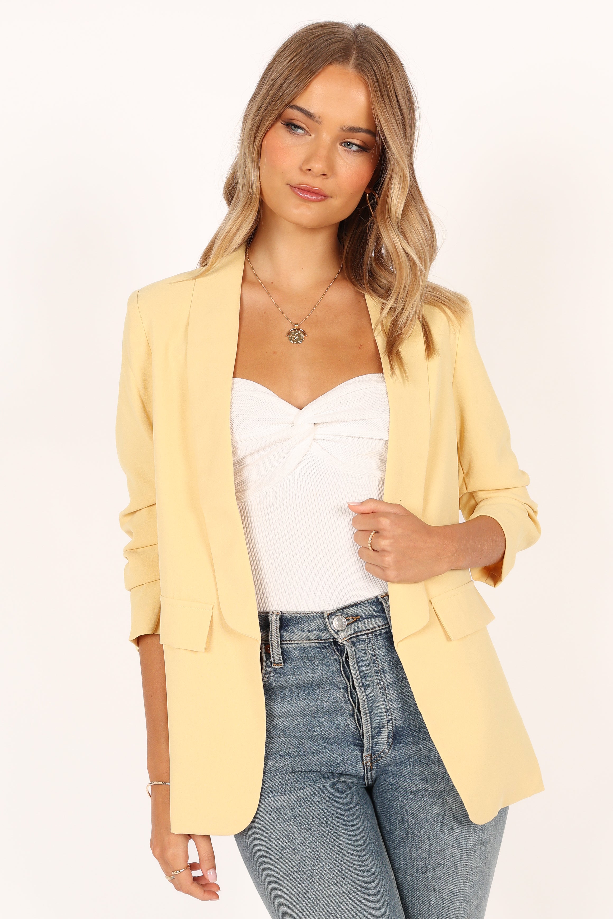 Beth Open Front Slouch Sleeve Blazer in Butter Yellow | Women's Casual Office Wear | Perfect for Work, Business Meetings & Spring Outfits