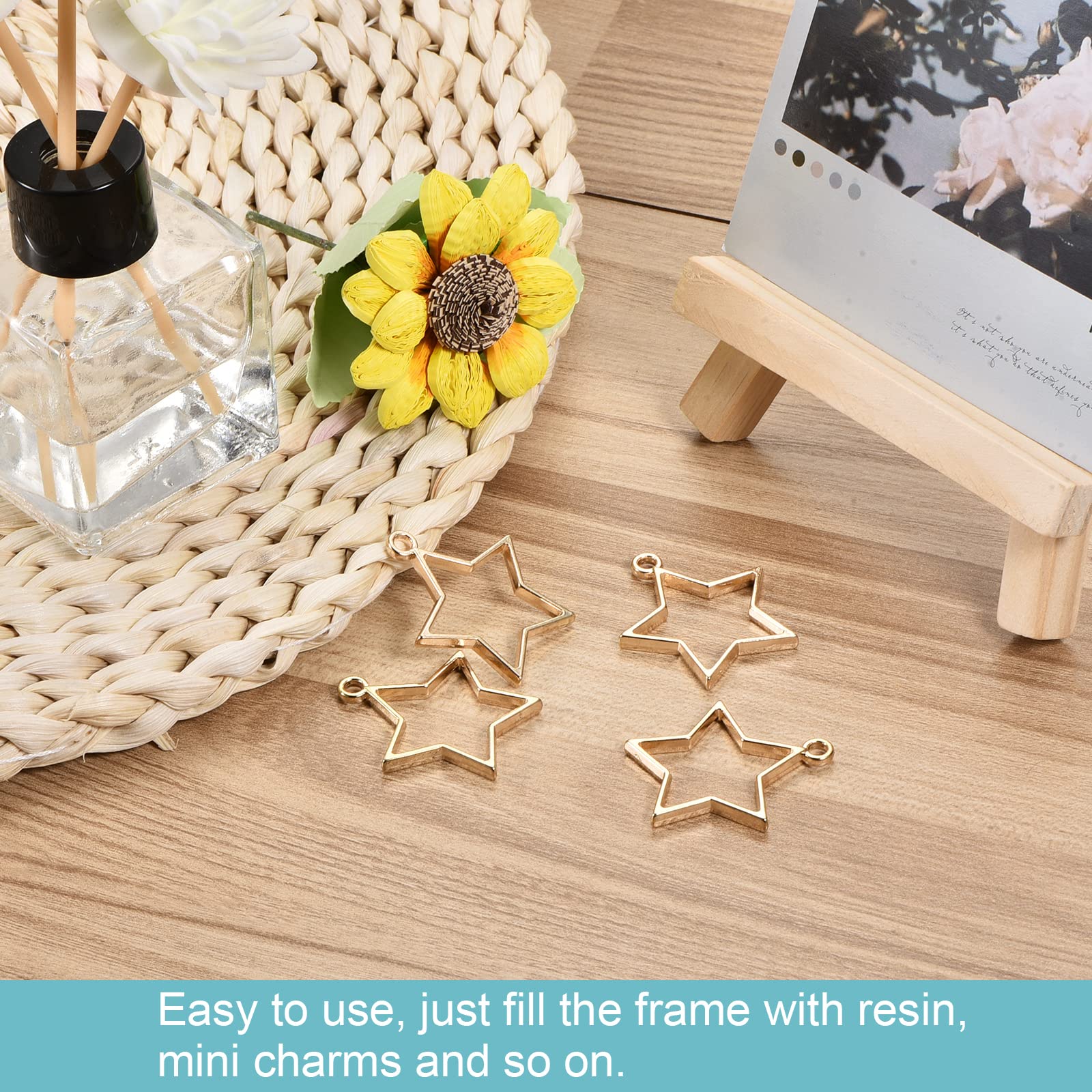 Meccanity 10-Pack Gold Tone Star Shape Geometric Resin Pendant Frames - Hollow Open Back Alloy Charms for DIY Jewelry Making, Necklace Crafting, Bracelet Design & Scrapbooking Projects