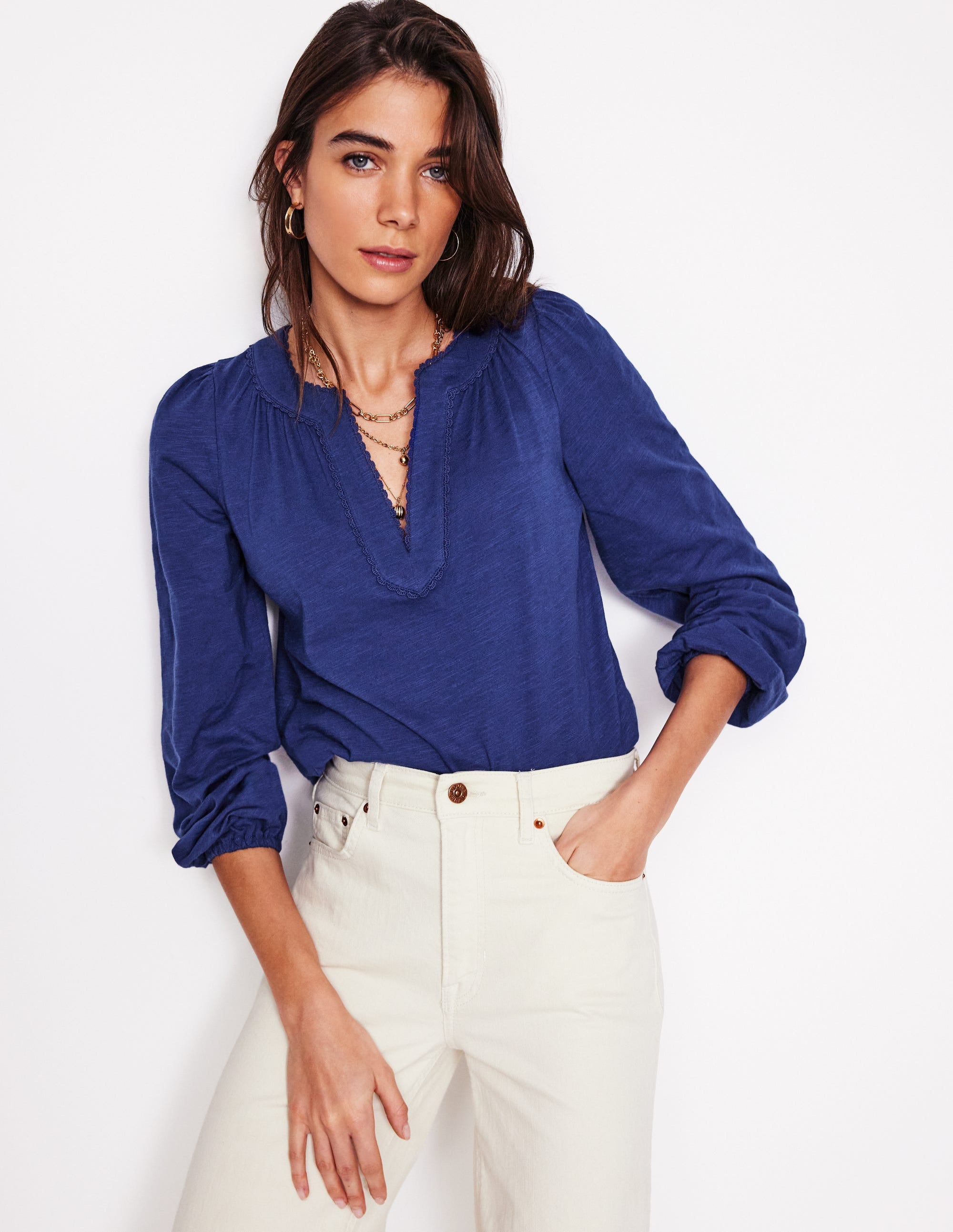 Ava Women's Long Sleeve Trim Top in Starboard Blue - Perfect for Casual Outings, Office Wear & Fall Layering