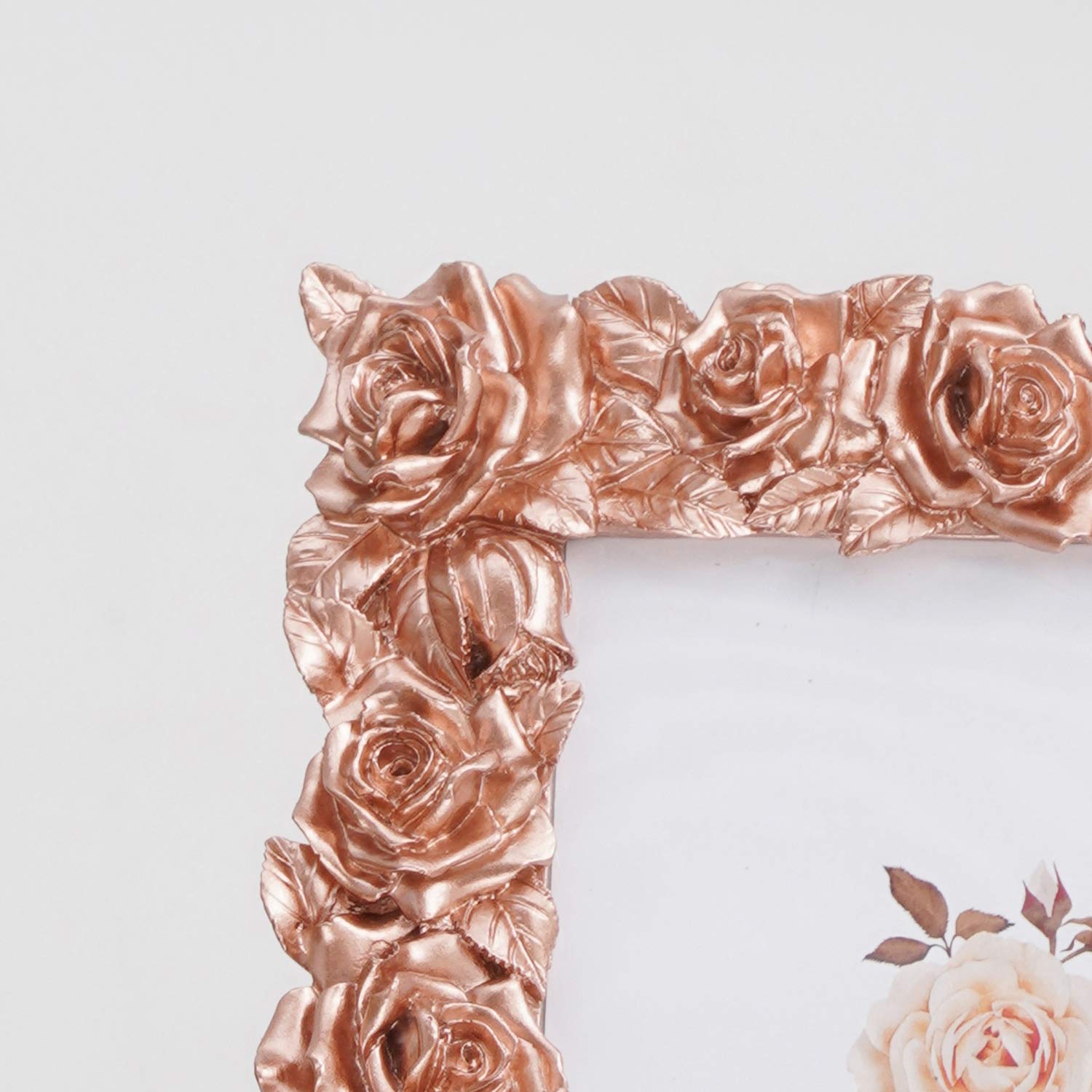5x7 Inch Rose Gold Resin Picture Frame with Rose Flower Design & HD Plexiglass - Elegant Tabletop Photo Display for Home, Office, Wedding Decor & Gift Giving