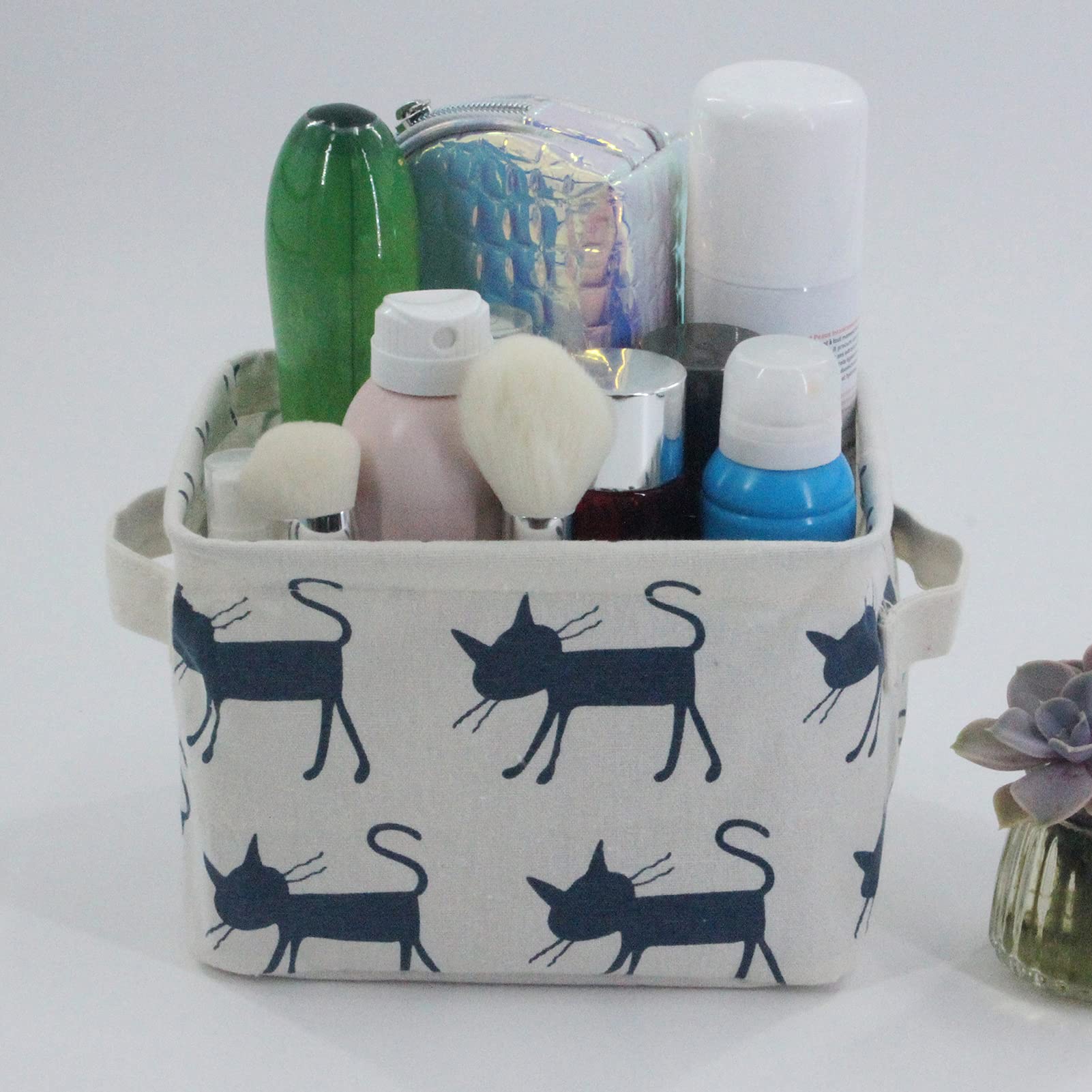 Mziart Small Foldable Canvas Storage Basket with Handles - Cotton Linen Organizer Bin for Nursery, Kids Room, Shelves & Desks - Perfect for Toys, Books & Home Organization (Blue Cat Design)
