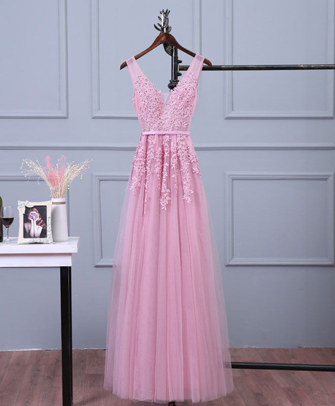 Elegant Pink V-Neck Lace Tulle Long Prom Dress for Women - Formal Evening Gown for Homecoming, Wedding Guest & Special Occasions