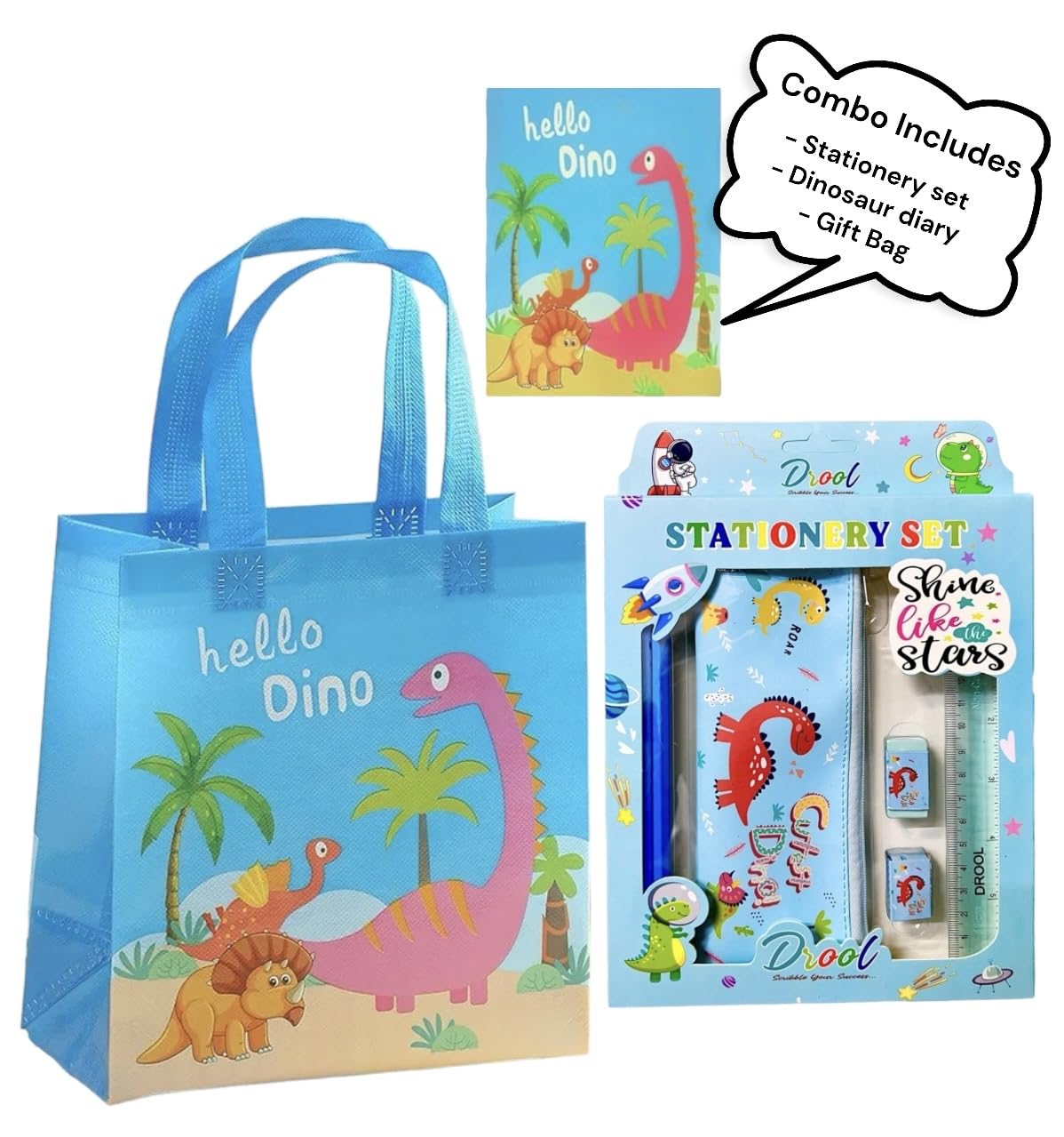 LE DELITE Animal Jungle Carnival Party Return Gift Set - Stationery Combo Pack with A6 Zipper Pouch Diary, Pencils, Eraser, Sharpener, Scale & Gift Bag (Dinosaur Jungle Theme) - Perfect for Kids Birthday Party Favors, School Supplies & Carnival Giveaways